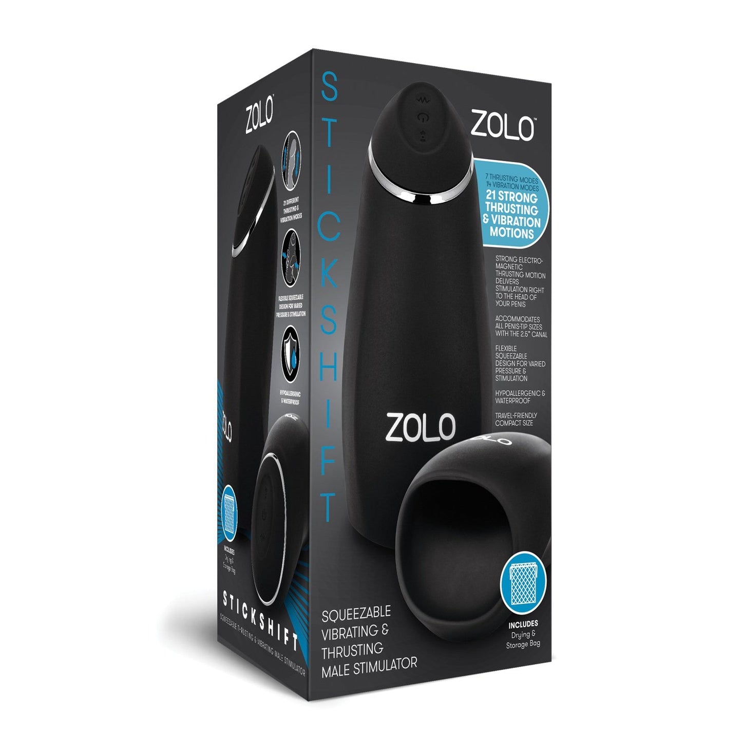 The ZOLO Stickshift, a squeezable male stimulator by Zolo, has primarily black packaging with blue accents. It offers 21 thrusting and vibrating motions for enhanced stimulation and comes with an instruction manual and storage bag for convenience.