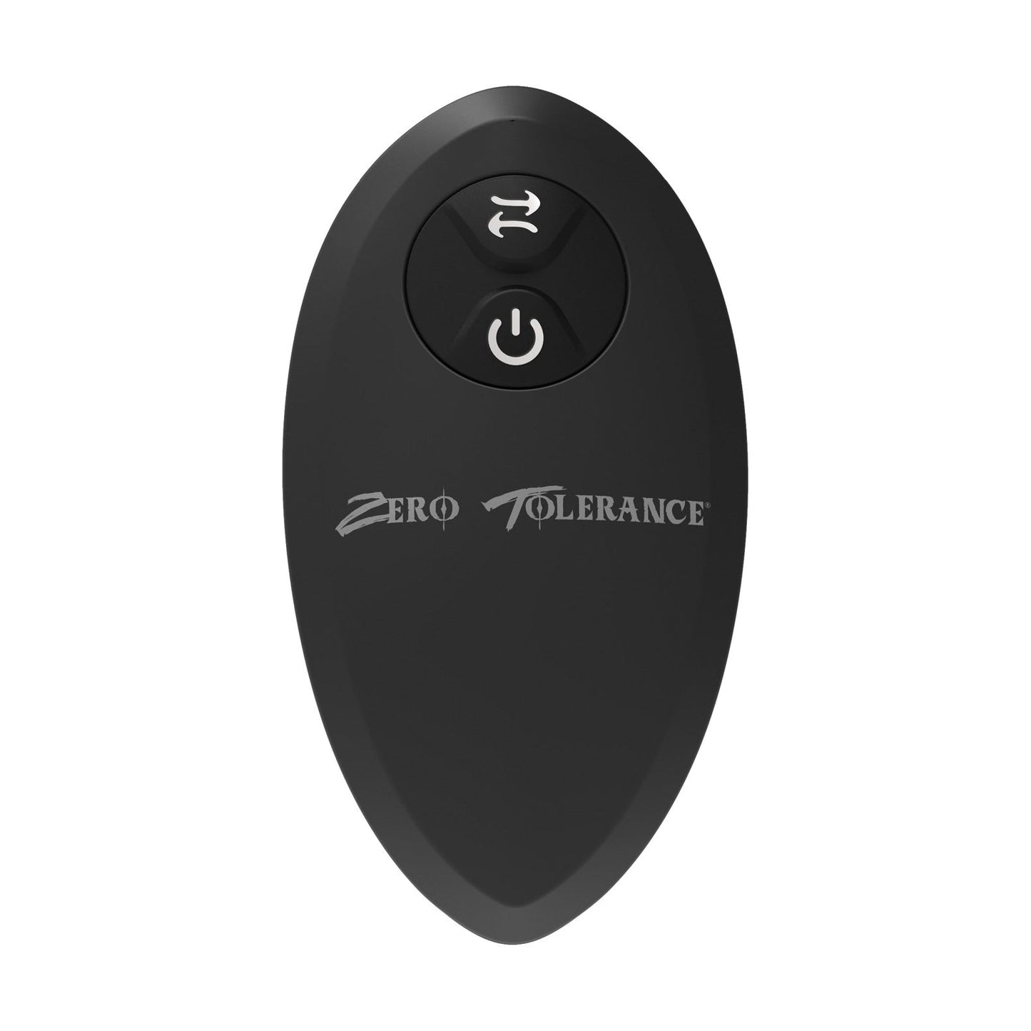 A black, oval-shaped remote control featuring a power symbol and an arrow circle symbol is labeled with Zero Tolerance in white text, allowing precise control of your Zero Tolerance The One-Two Punch prostate massager.