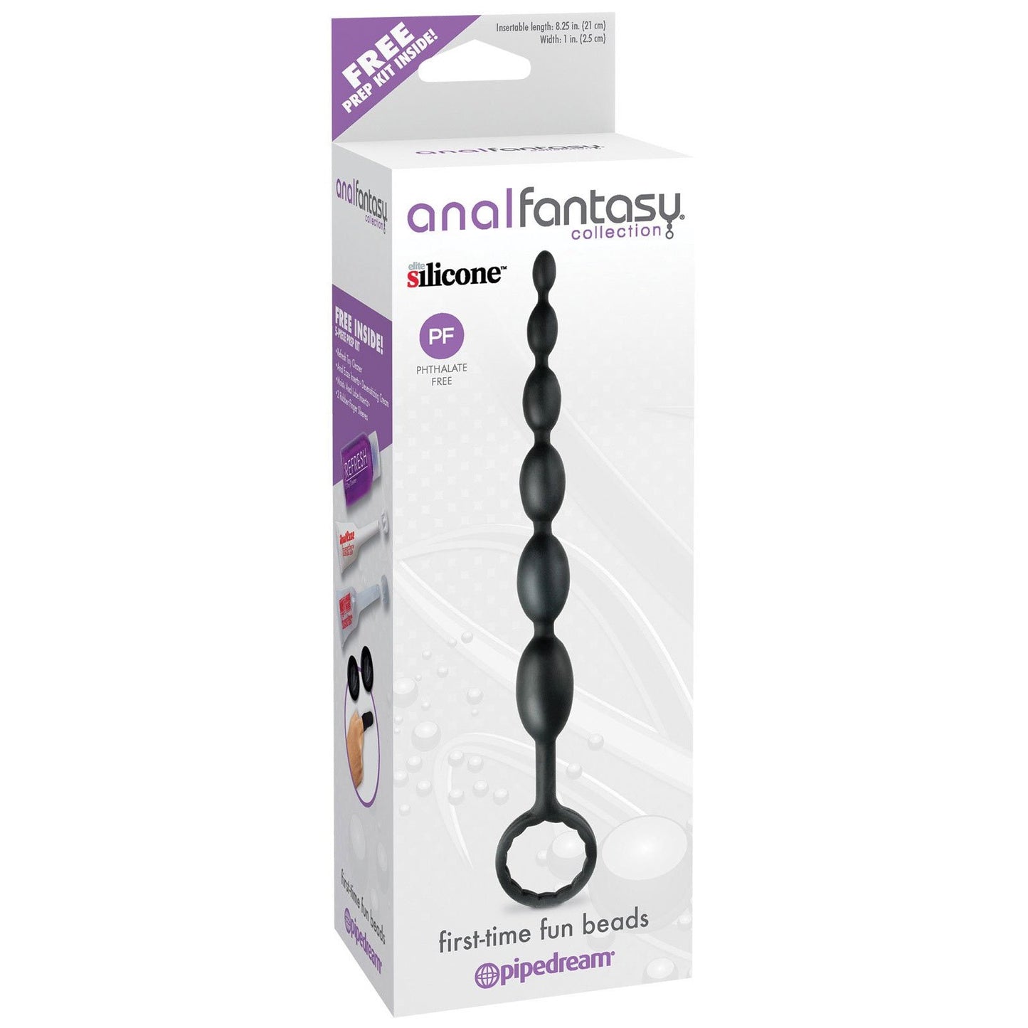 The image shows the packaging for Pipedreams Anal Fantasy First Time Fun Anal Beads. It features sleek black silicone beads with a handle, prominently phthalate-free, perfect for beginners, and includes a free prep kit.