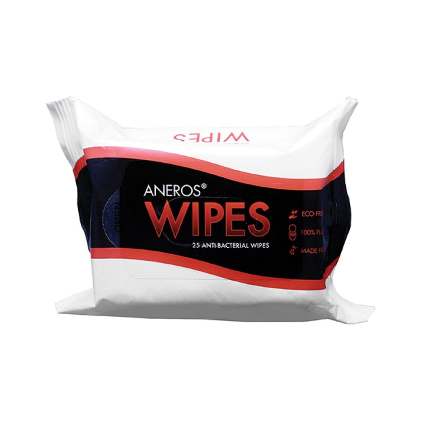 The image displays a package of Aneros Anti-Bacterial Wipes. The packaging is predominantly white with a striking black and red center label. This eco-friendly product, suitable for all skin types, contains 25 wipes.