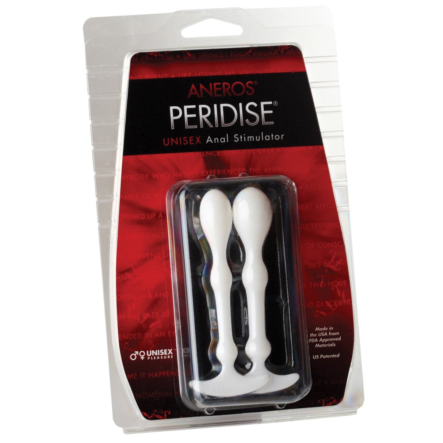 The Aneros Peridise Set - Pack of 2, a unisex anal stimulator, is elegantly packaged with two sleek white probes in a clear case. The vibrant red backdrop highlights the Aneros brand and product details in crisp white text, inviting confident exploration of anal play.