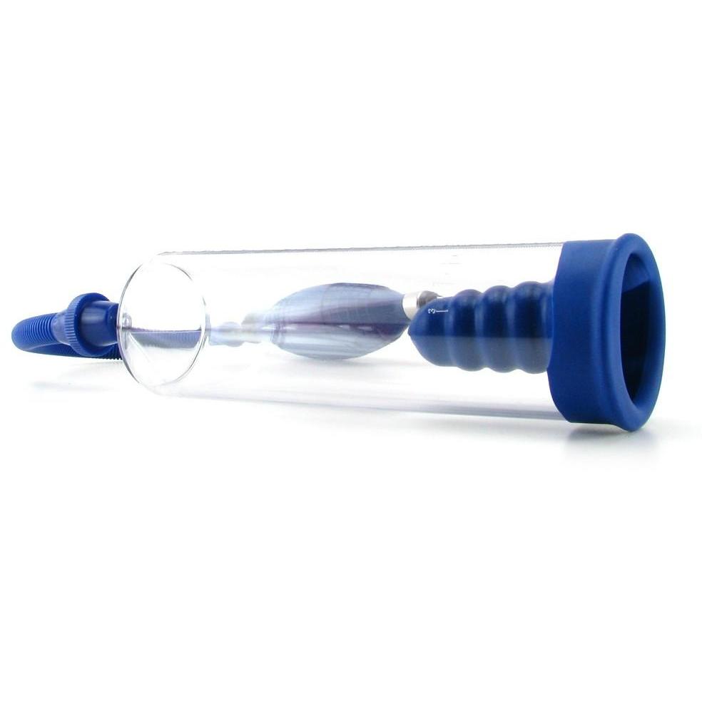 The Basic Essentials Pump by California Exotic Novelties is a transparent cylinder with a blue rubber grip and bulb pump. Its made of durable plastic and features an elongated nozzle designed for manual use.