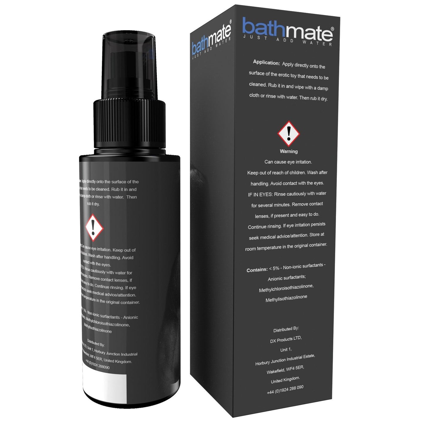 The Bathmate Clean Misting Toy Cleaner from Adams Toy Box, packaged in a black bottle with a pump spray, is next to its branded black rectangular box featuring usage instructions and a warning label. Both highlight that the cleaner is paraben-free, with details also on the smaller bottle label.