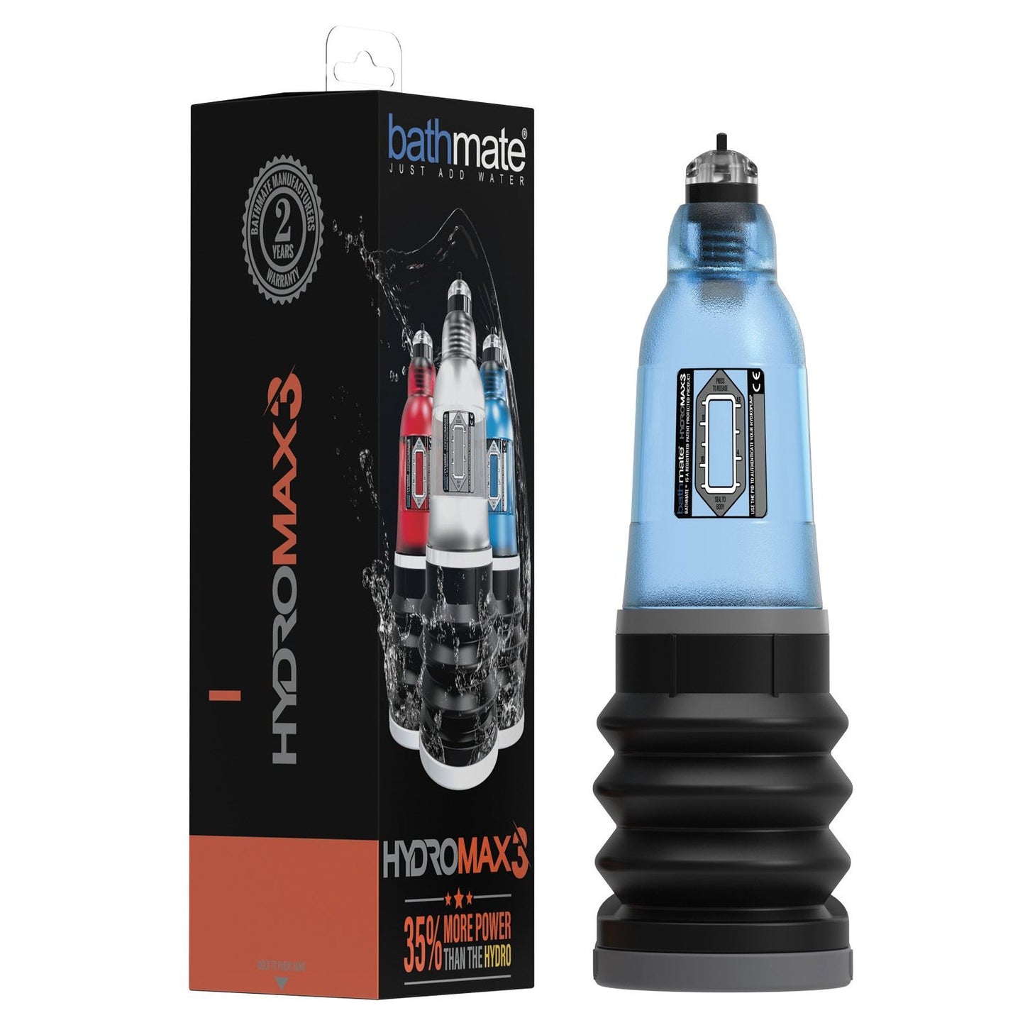 A product image featuring the Bathmate Hydromax 3 micropenis pump by Adams Toy Box, a water-powered device and packaging. The package shows various colors of the device, highlighting 35% more power and its capacity to enhance sexual stamina.