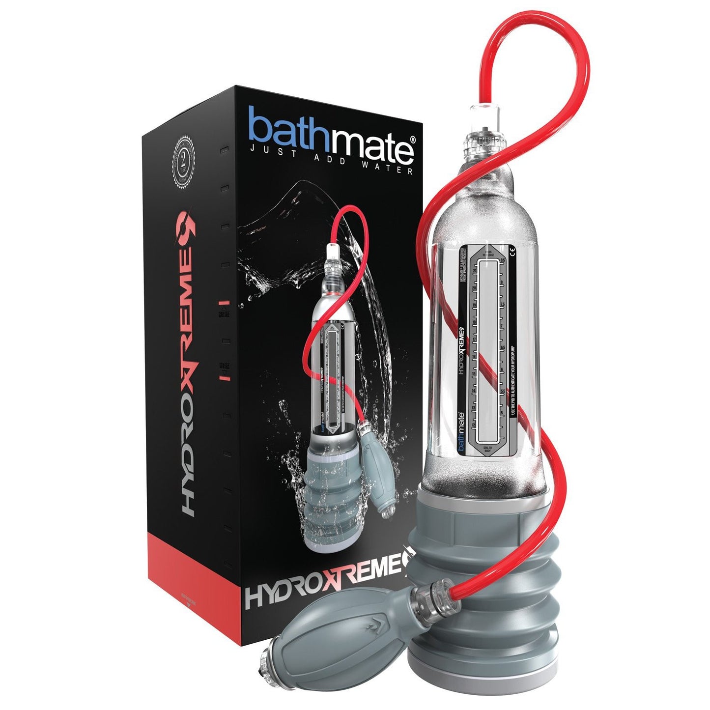 The Bathmate Hydromax Xtreme Series, by Bathmate, features a device for sexual health with a gray body and red tube. The box displays an image of the device with logos and text. Like the Hydromax range, its water-based for effective penis enlargement.