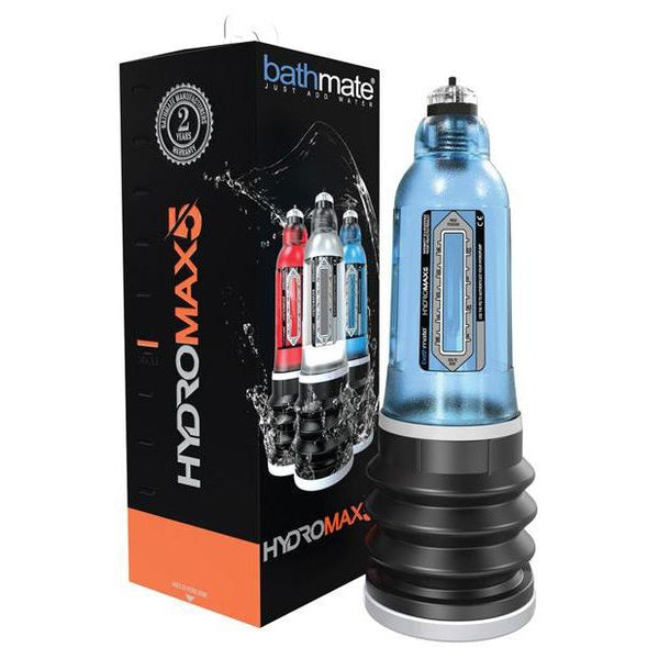 Image of a Bathmate Hydromax water pump from Adams Toy Box with a blue body and black base, set on a tilted background. Next to it, the packaging features images and branding, highlighting its water-based suction for effective penis enlargement solutions.