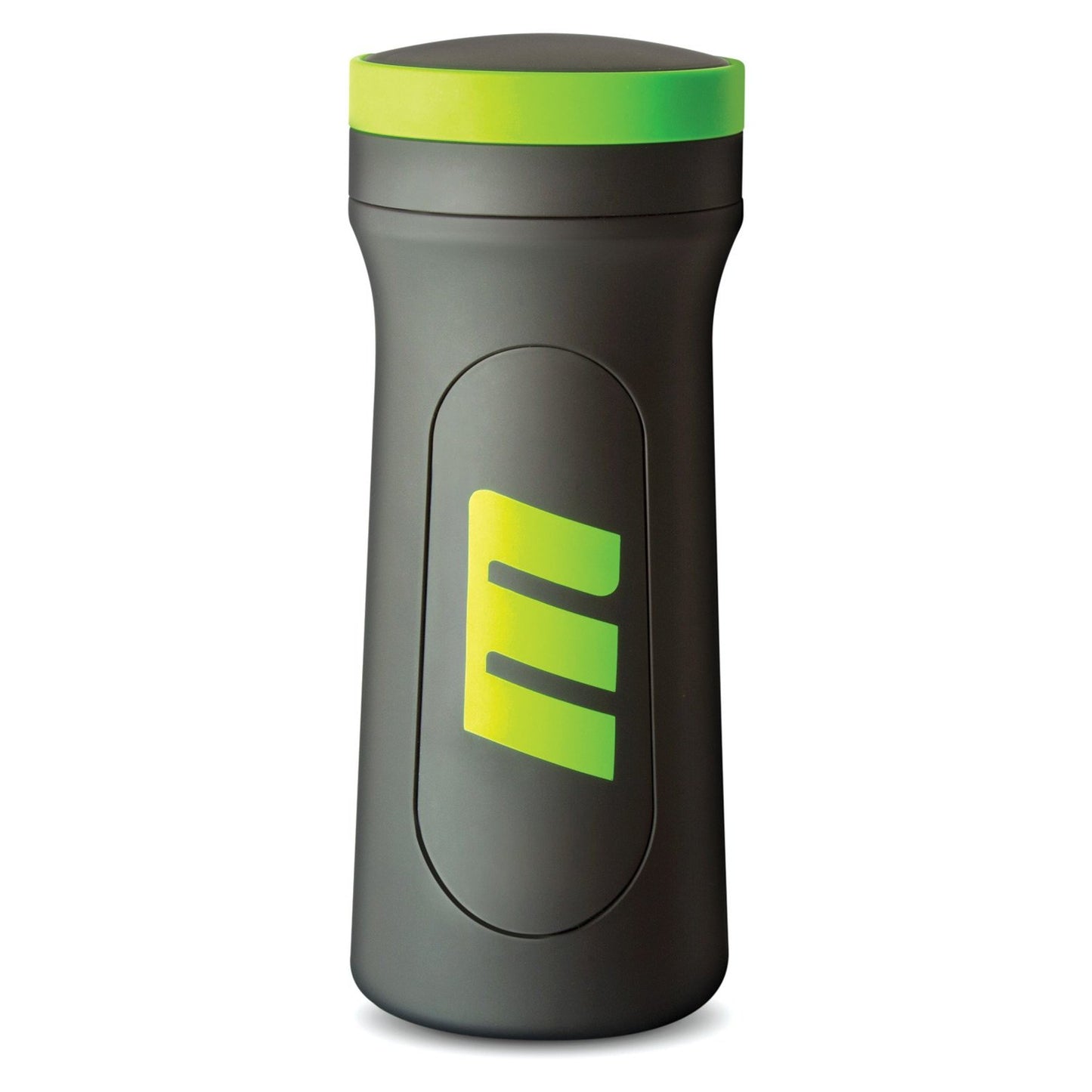 A sleek Blush Novelties travel mug with a green lid and E logo in black and green, featuring a convenient flip-open design against a white backdrop.