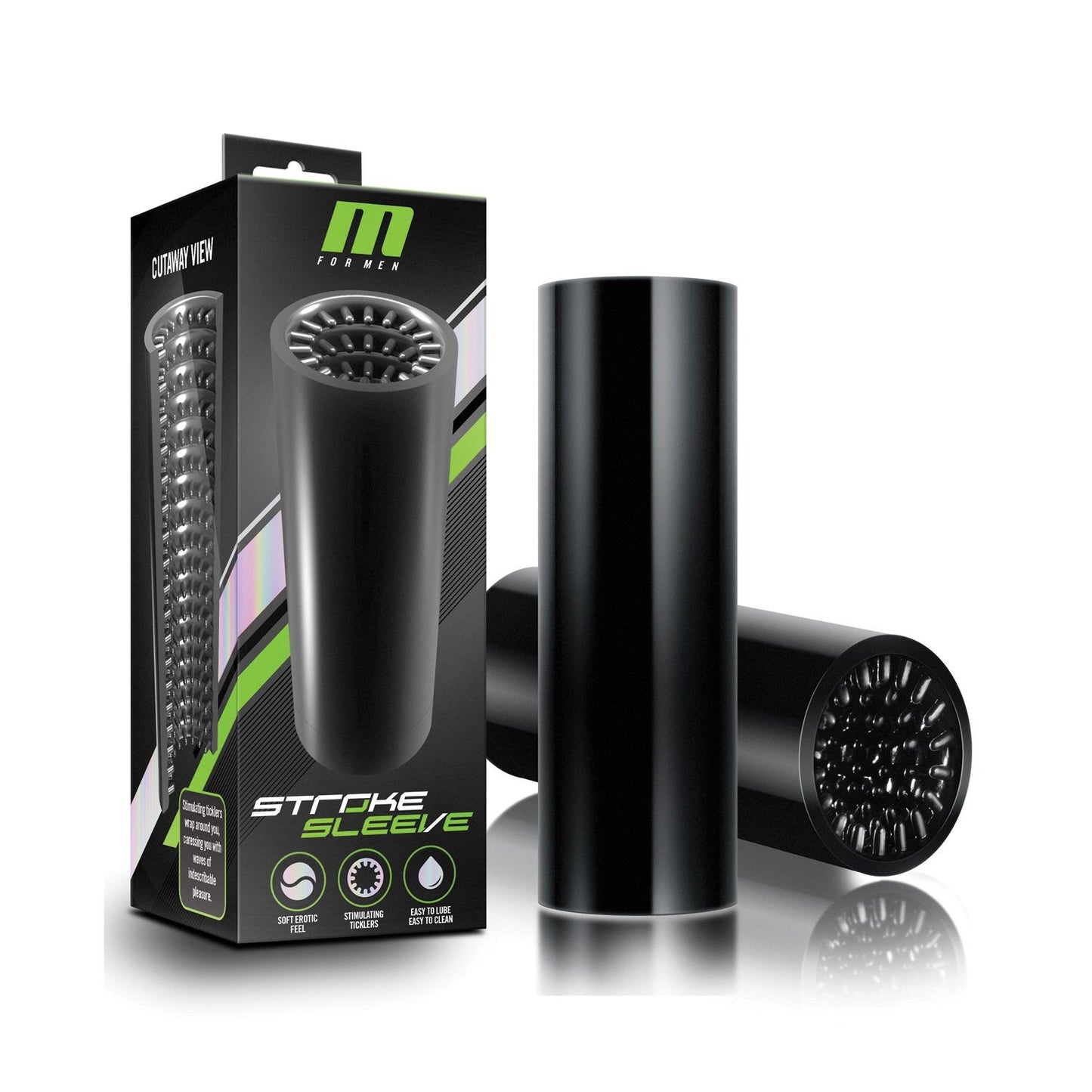 The Blush M For Men Stroke Sleeve, by Blush Novelties, is a black cylindrical sleeve with packaging labeled Stroke Sleeve. The predominantly black package with green and white accents hints at a textured interior aimed at enhancing blowjobs.
