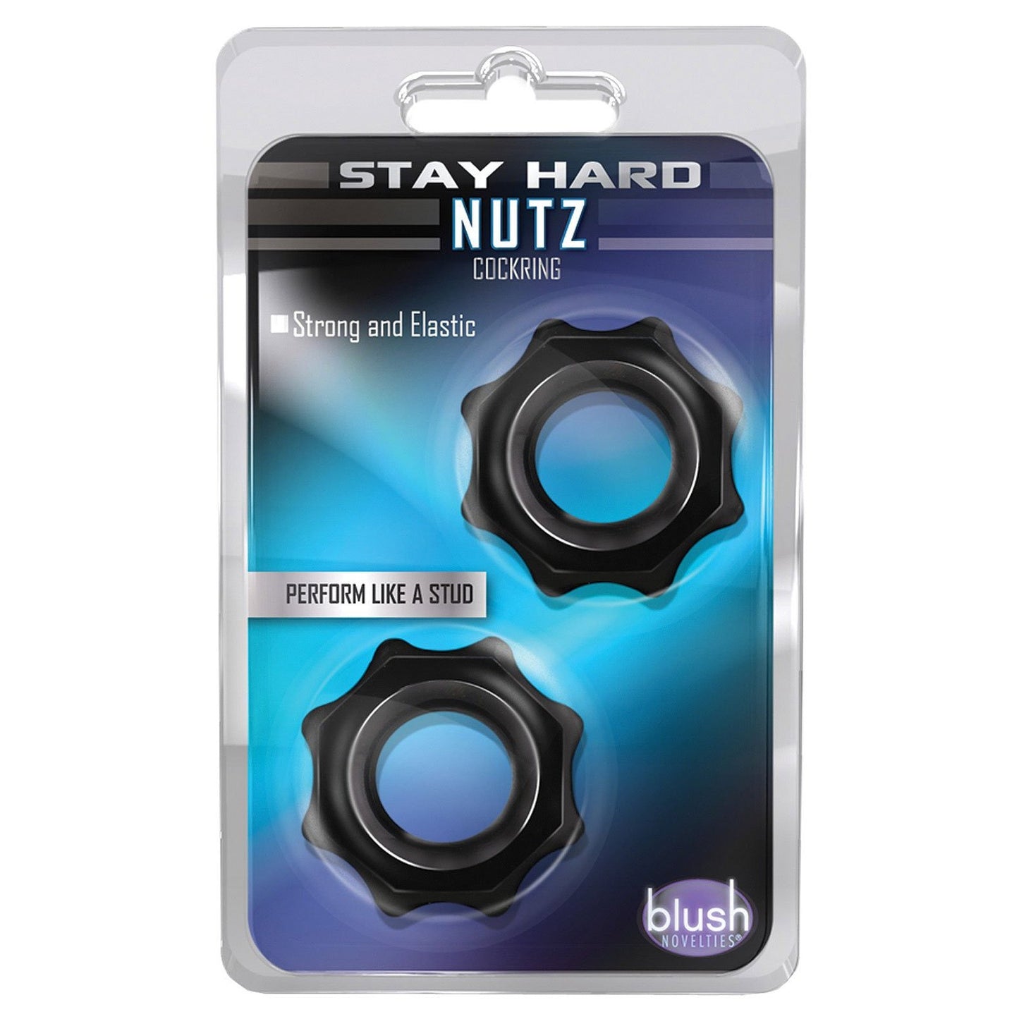 The Blush Stay Hard Nutz cockring set by Blush Novelties boasts ultra-stretch elastomer rings on its packaging, with phrases like Strong and Elastic and Perform Like a Stud against a blue gradient background, clearly promising performance.