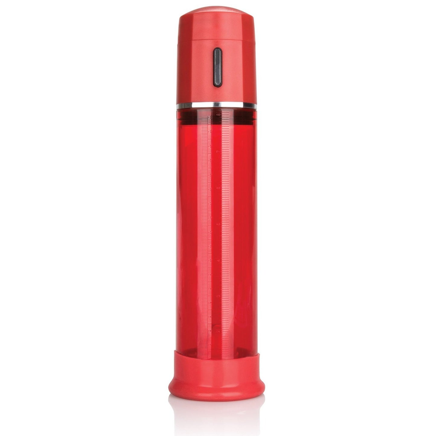 The Cal Exotics Advanced Firemans Penis Pump by Adams Toy Box is a red, cylindrical vacuum device with a transparent marked section for measurement. Fully automatic, it has a rounded top and broad base for easy use, promising stronger erections. It stands upright against a plain white background.