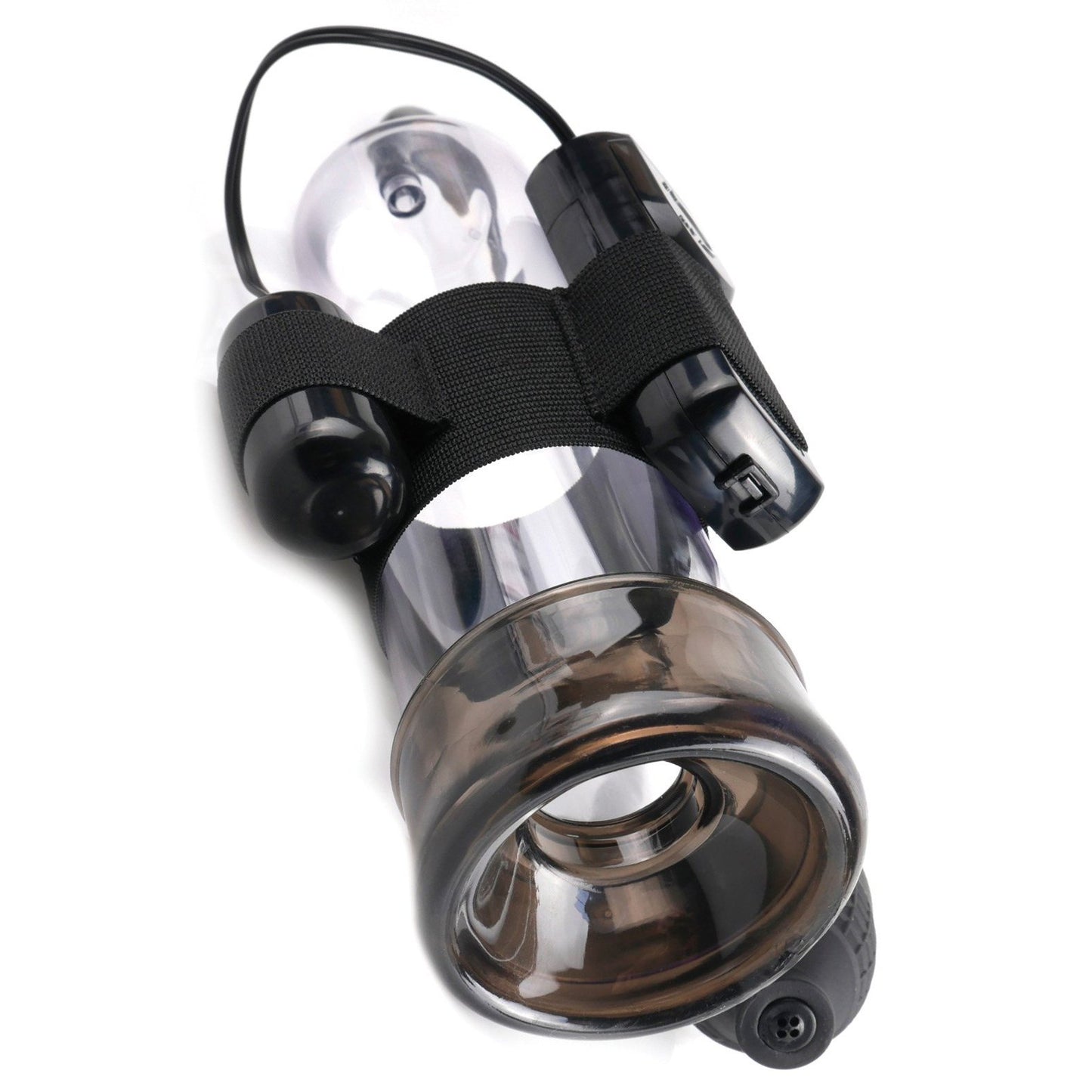 The Classix Power Pump - Vibrating by Pipedream is a transparent plastic cylinder with a black pump and straps, designed for personal use. It features a rounded opening, hand-held pump module, and quick-release valve for optimal vacuum pressure.