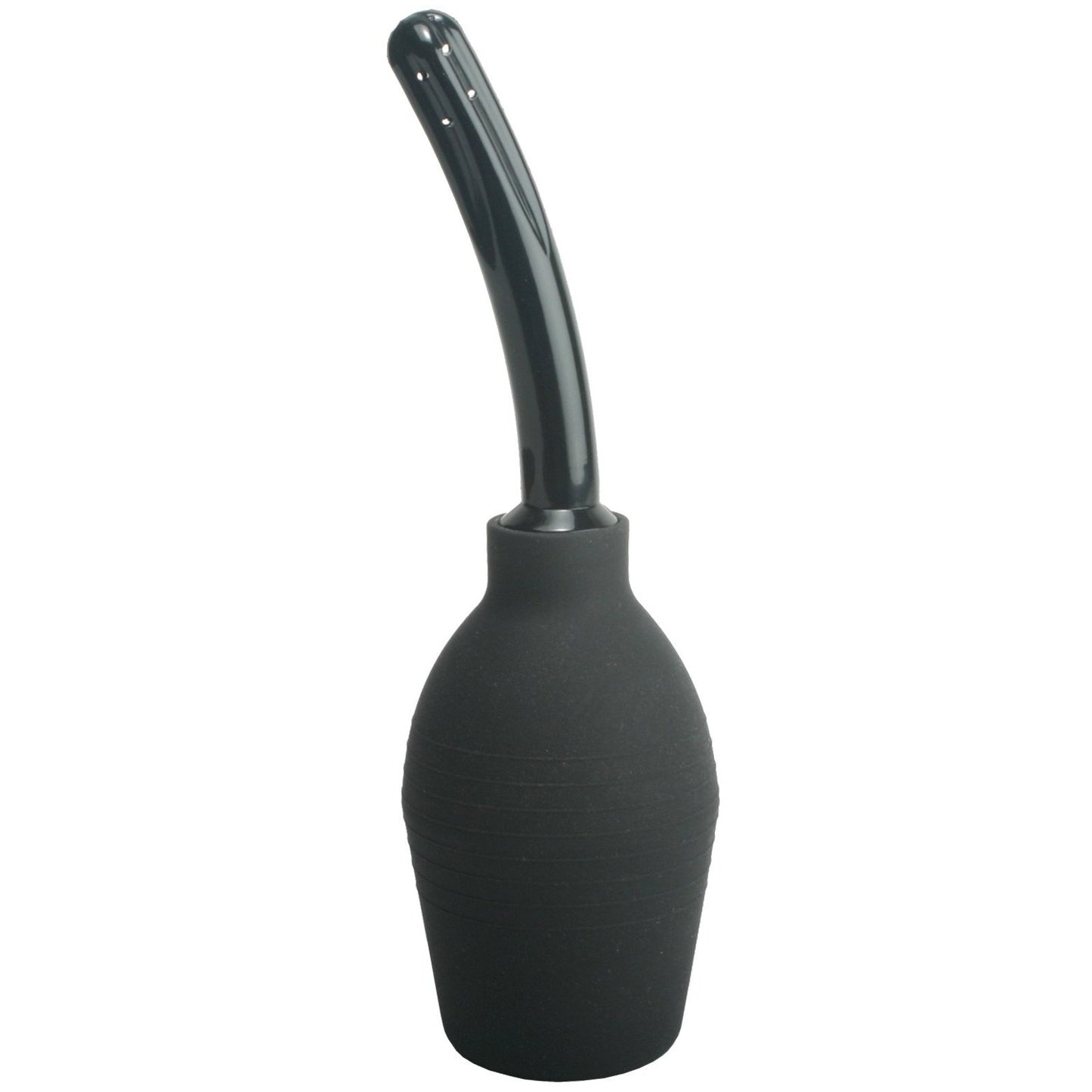 The Clean Stream Deluxe Enema Bulb by Xr llc features a long, flexible nozzle and a ribbed surface for grip in sleek black, perfect for anal douching against a plain white background.
