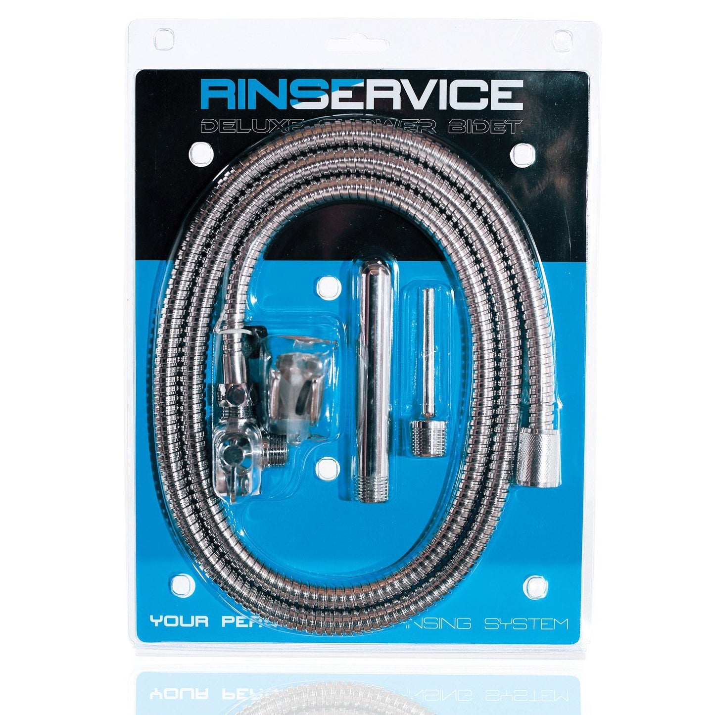The Cleanline Stainless Steel Shower Bidet packaging includes a durable, flexible hose, medical-grade stainless steel spray head, wall bracket, and mounting components on a sleek blue and white backing card.
