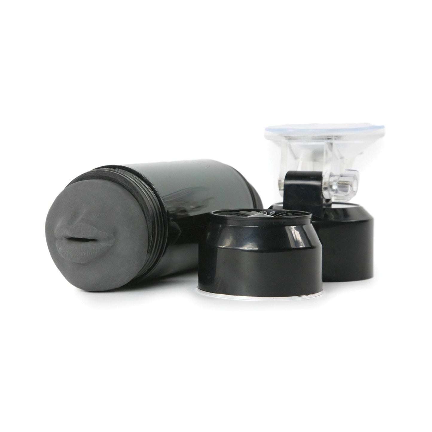 The Cyberskin Stealth Double Stroker by Adams Toy Box is a sleek black cylinder with a textured cap and CyberSkin inner sleeve for enhanced sensation. It includes a transparent mount for hands-free pleasure, all displayed on a white background.