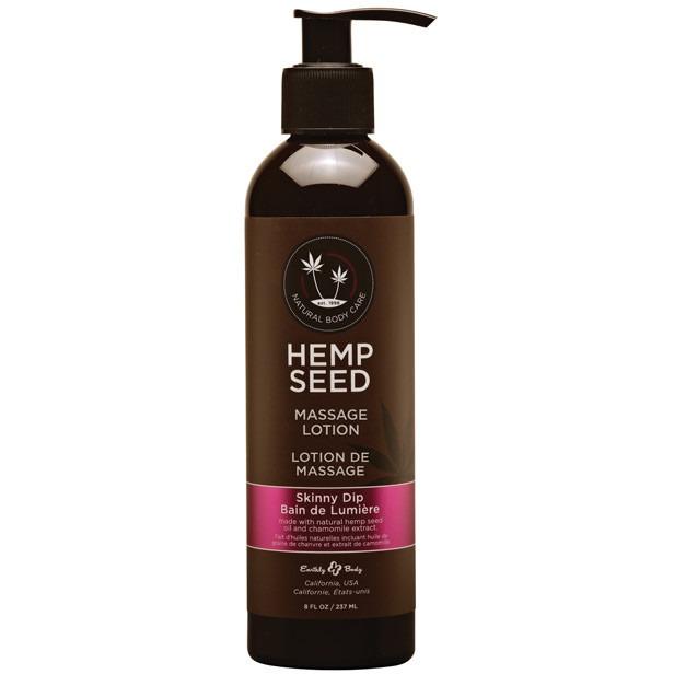 A brown bottle of Earthly Body Hemp Seed Massage Lotion with a pump dispenser, labeled Hemp Seed Massage Lotion in the Skinny Dip scent, enhanced with Argan Oils for extra nourishment, available in an 8 oz / 237 ml size.