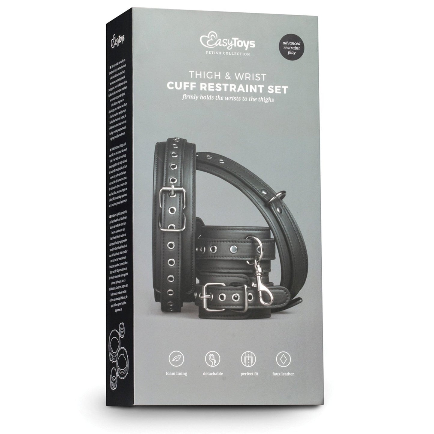 EasyToys Thigh & Wrist Cuff Set by Easy Toys includes adjustable faux leather cuffs with metal buckles, foam lining, detachable cuffs, and a versatile fit for both thigh and wrist restraint.