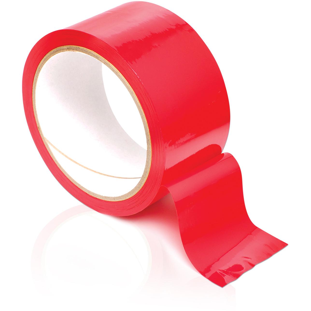 A roll of Fetish Fantasy Series Pleasure Tape - Red by Fetish Fantasy unrolls slightly on a white surface, its vibrant color and glossy texture contrasting beautifully with the background, making it perfect for playful bondage fun.