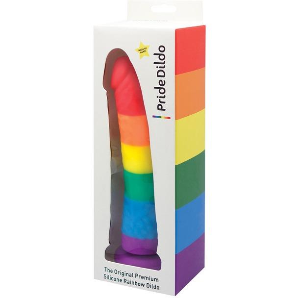 The Gay Pride 5.5 Dildo by Adams Toy Box features a rainbow gradient with a suction cup base for hands-free play, packaged showcasing its vibrant colors and boldly labeled as Pride Dildo.