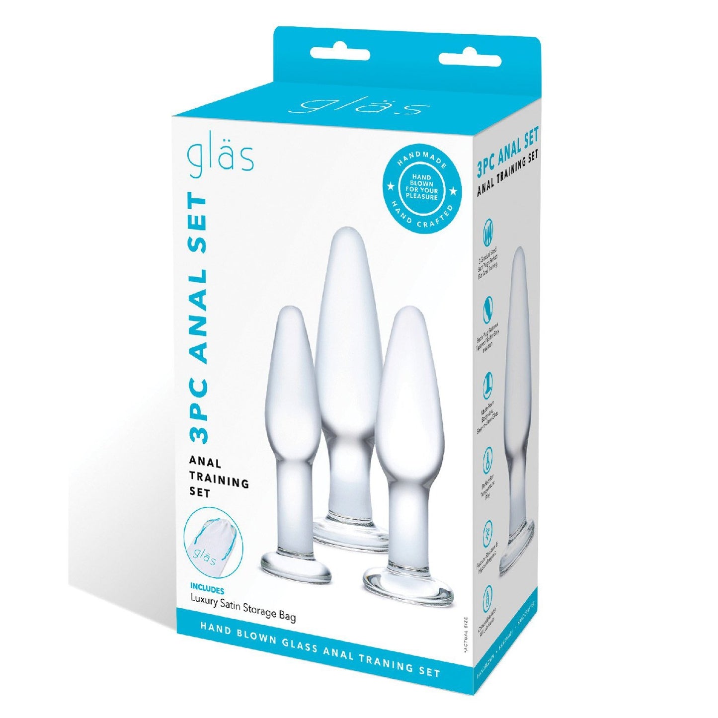 Introducing the Glas 3 pc Glass Anal Training Kit by Glas: three hand-crafted, clear borosilicate glass plugs. Each comes beautifully in a luxe box with handmade features and includes a luxury satin storage bag for elegant discretion.