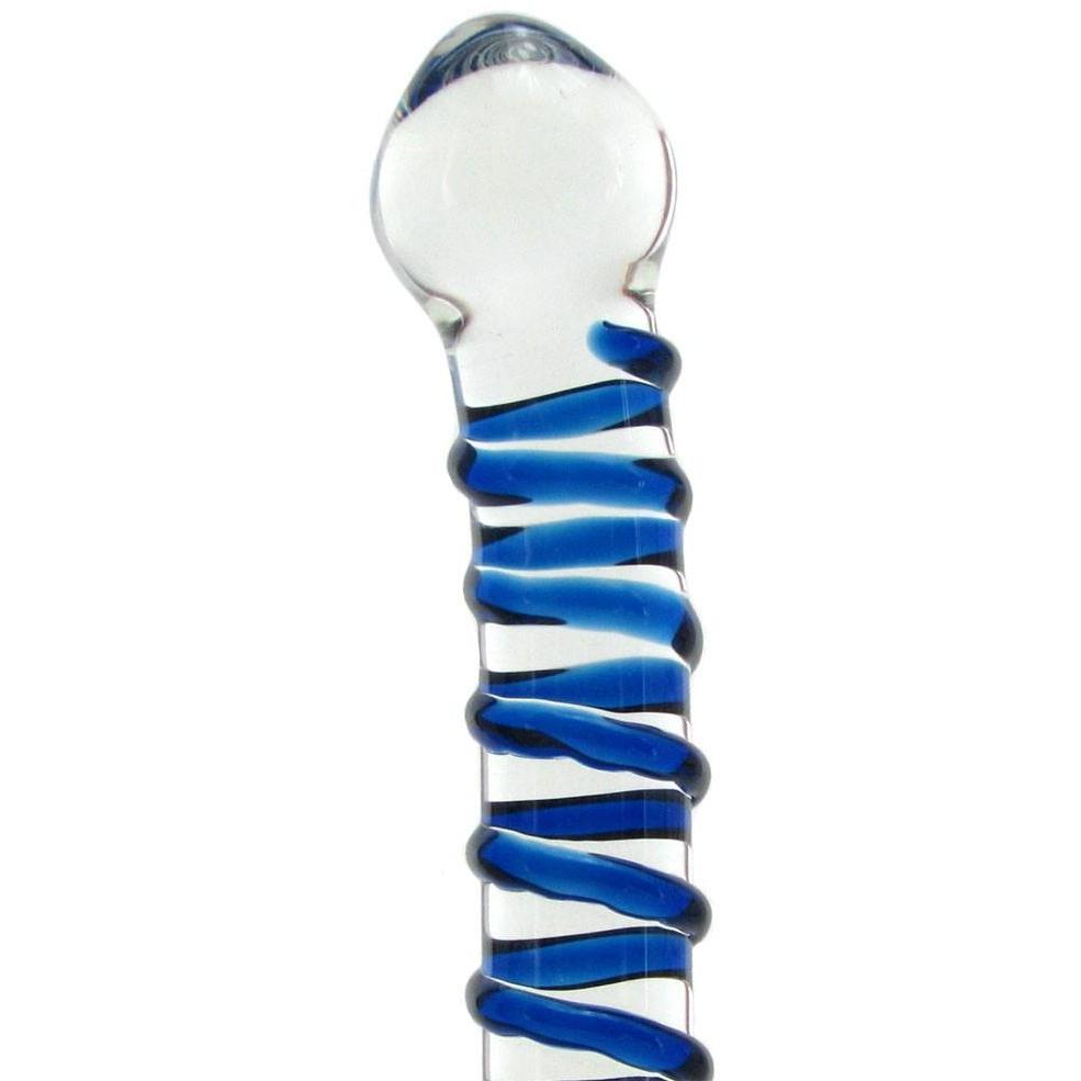 The Gläs Blue Spiral Glass Dildo is a clear, fracture-resistant glass toy featuring a rounded tip and an elegant blue spiral design wrapping gracefully around its length.