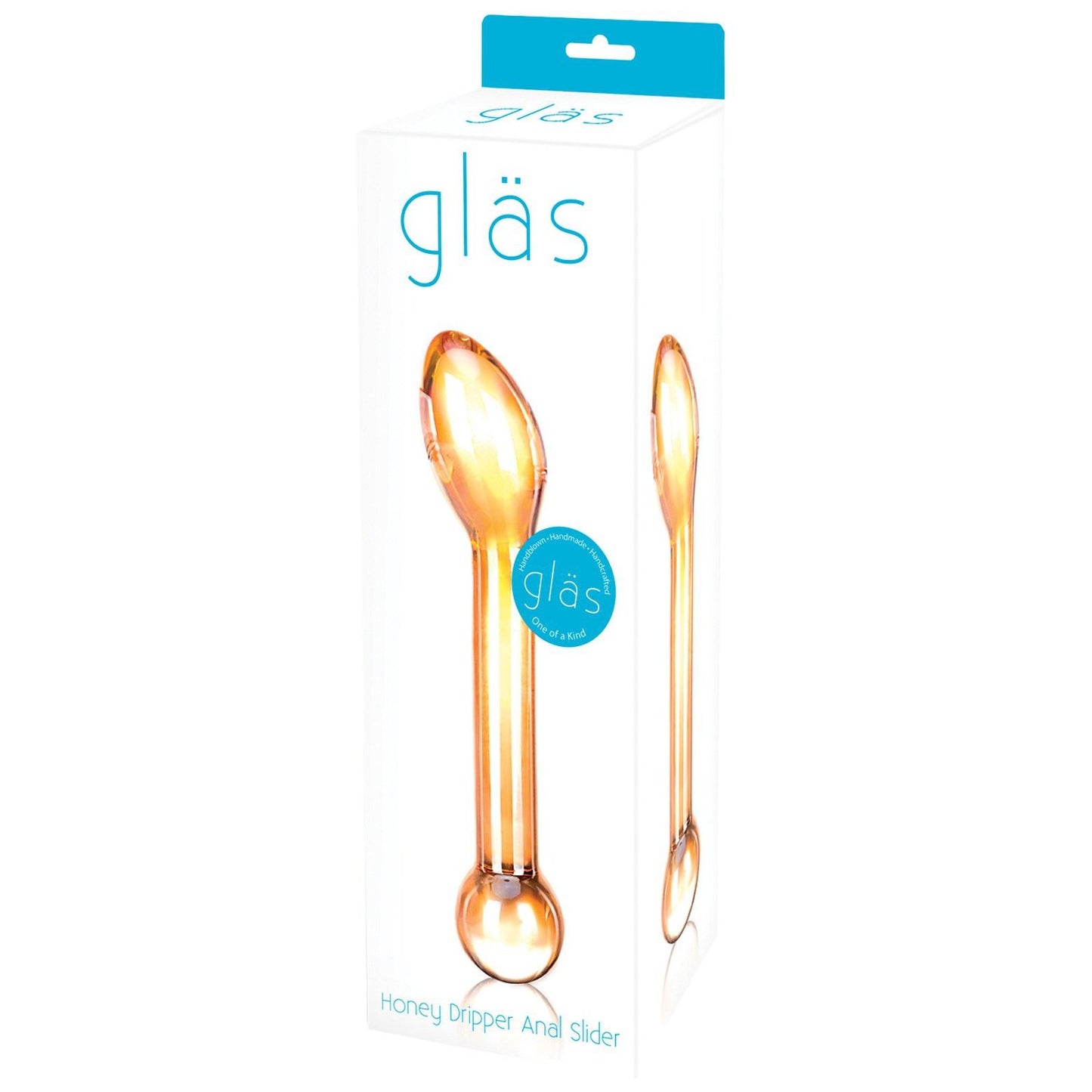 The Gläs Honey Dripper Anal Slider, a hand-blown glass toy for gay sex enthusiasts, is showcased on its packaging. Featuring golden images of a bulbous end and rounded handle, this elegant tool invites exploration into the delightful world of temperature play.