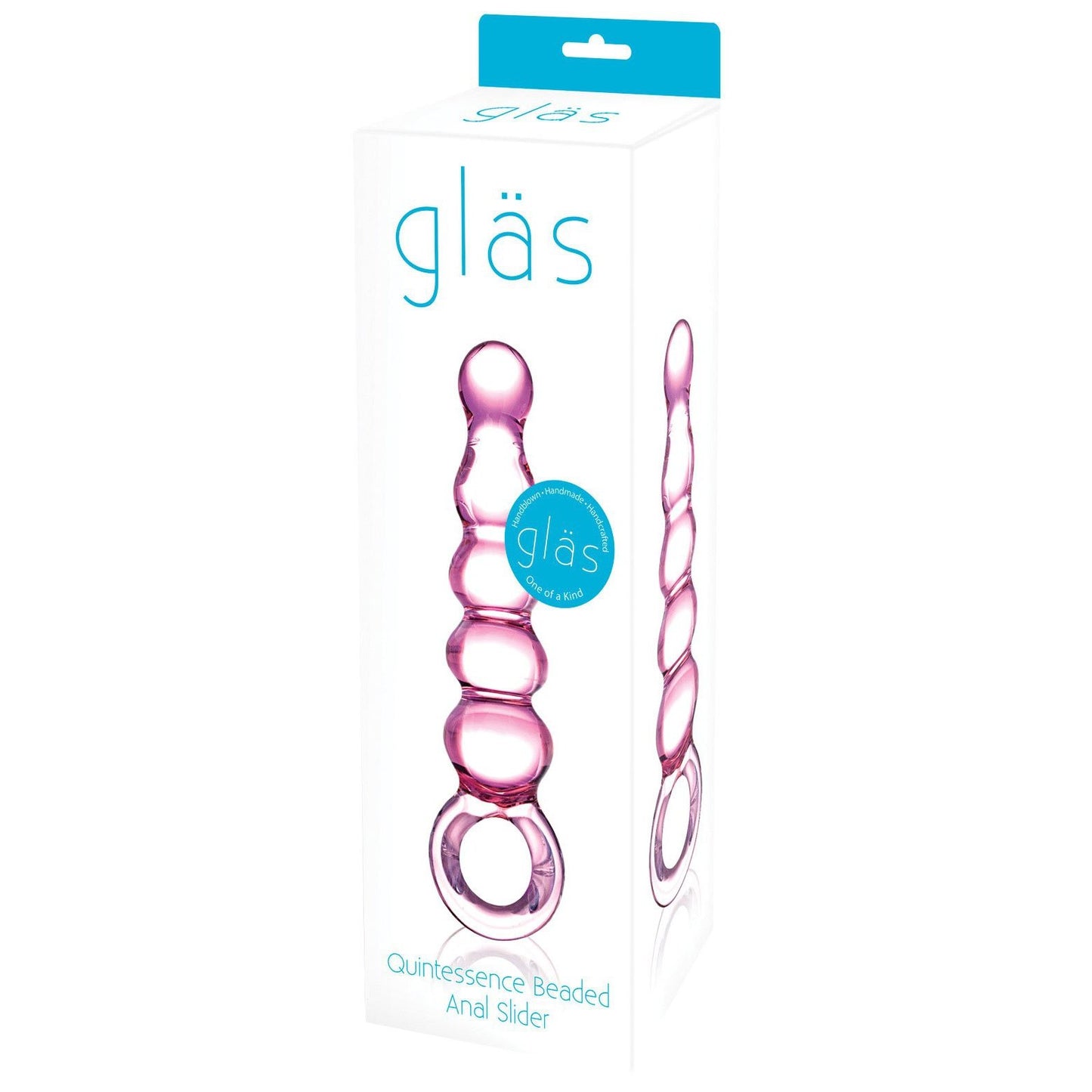 The Glas Quintessence Beaded Glass Anal Sliders packaging highlights a pink, hand-blown glass butt plug with beaded design and circular handle, ideal for temperature play enthusiasts.