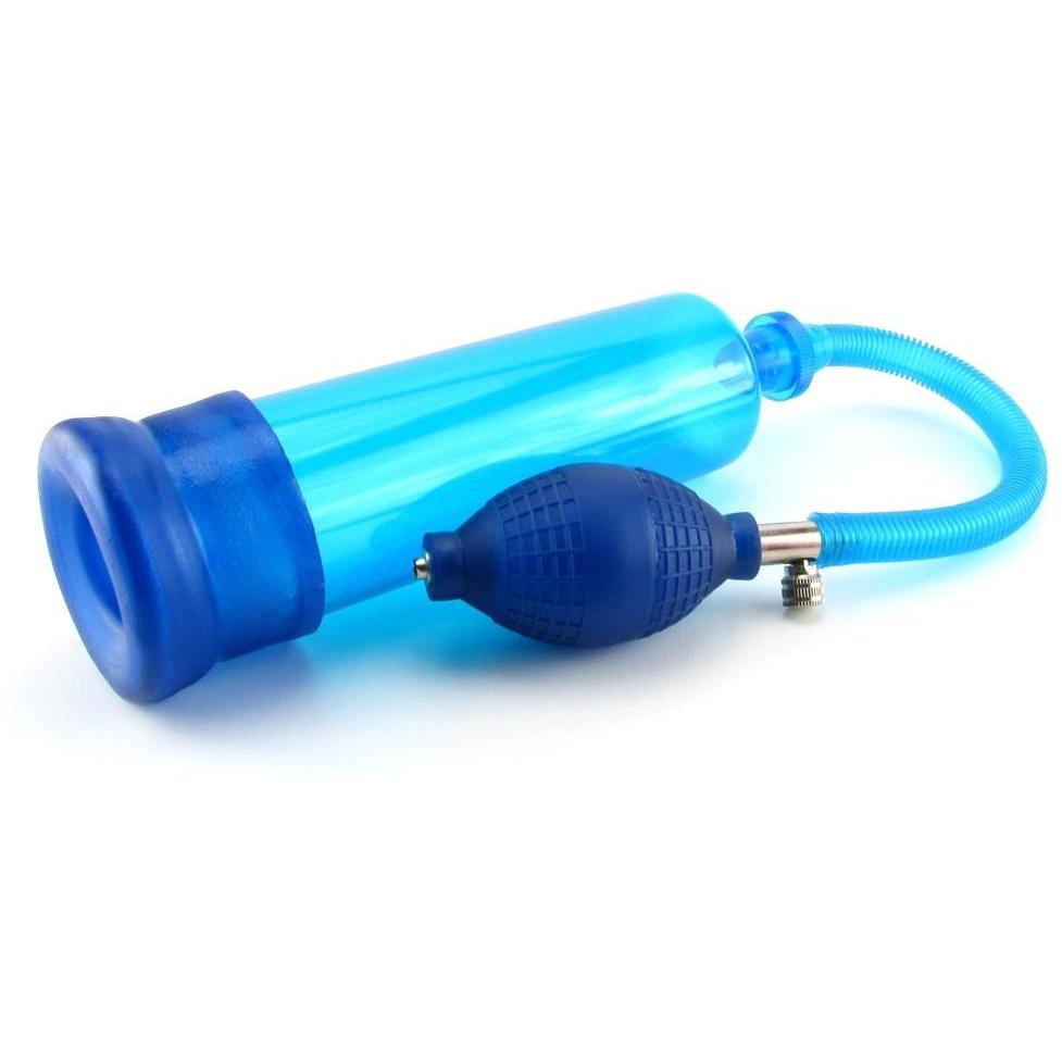 The Head Coach Erection Pump by California Exotic Novelties features a blue, transparent cylindrical body with a squeeze bulb connected by a flexible tube.