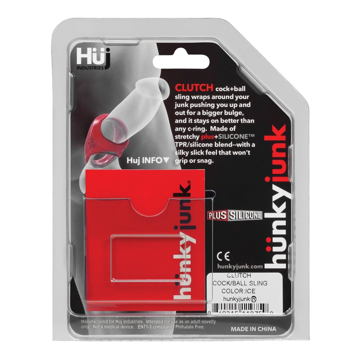 Adams Toy Box presents the Hunky Junk Clutch Cock & Ball Sling, featuring an 8th gen design in vibrant red and gray. A clear window displays the TPR/silicone blend, with plus silicone highlighted. Expertly crafted in China, it perfectly blends style and innovation.