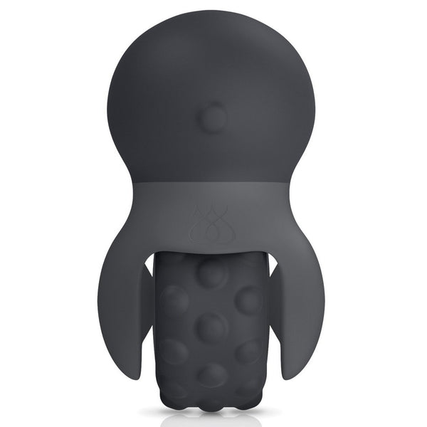 The Jimmyjane Evoke Rol-o - Black is a compact, rubberized, rocket-shaped vibrating massager by Jimmyjane with a round top, fin-like sides, and a dotted texture for grip, perfect for enhancing sensual massage experiences.