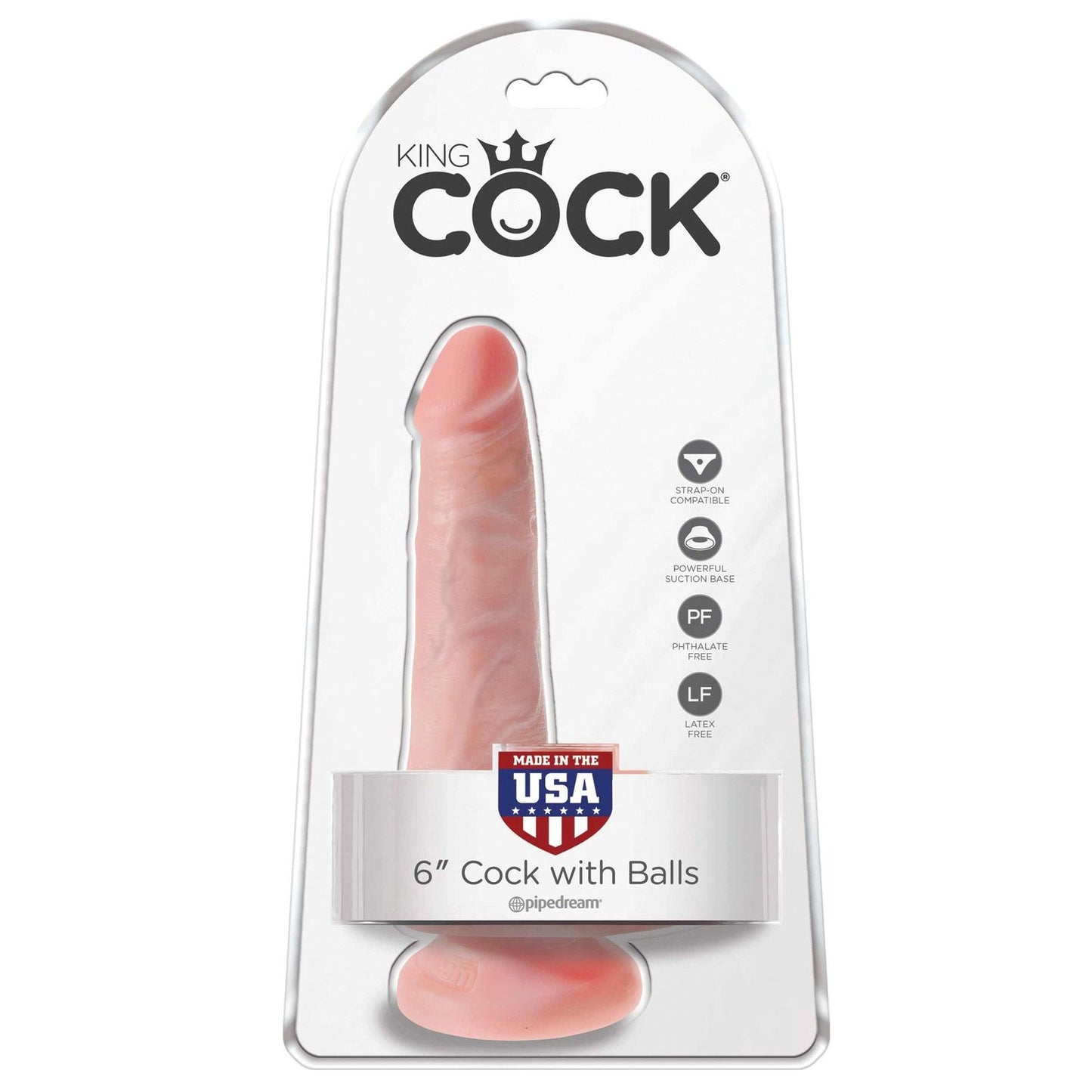 The transparent packaging of the King Cock 6 Cock with Balls features lifelike skin and a strong suction cup base. Made in the USA, this genuine piece is prominently displayed.