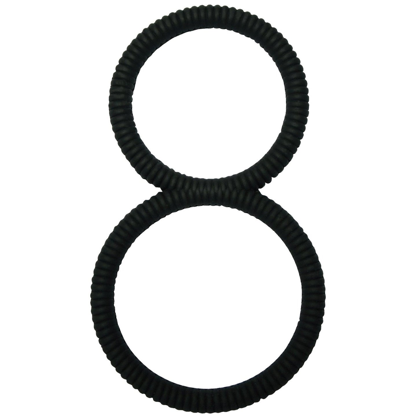 The Malesation 8 Ball C-Ring features two black, textured circular rings positioned vertically and slightly overlapping to form a figure-eight on a white background, designed for increased stamina and ball stretching with a sleek appearance.
