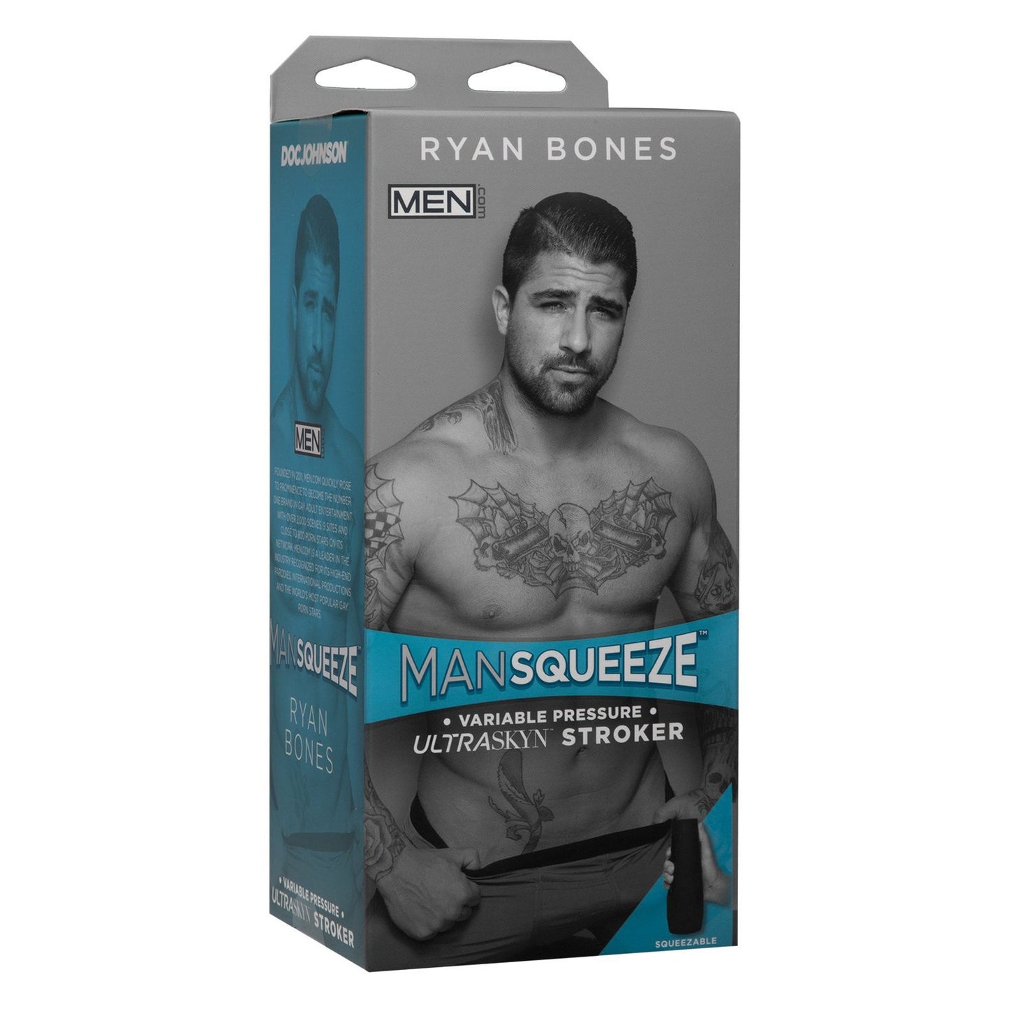 The Man Squeeze ULTRASKYN Ass Stroker by Doc Johnson features packaging with a shirtless, tattooed man and promotes its variable pressure design, adjustable suction, and enticing internal texture for a customizable experience.
