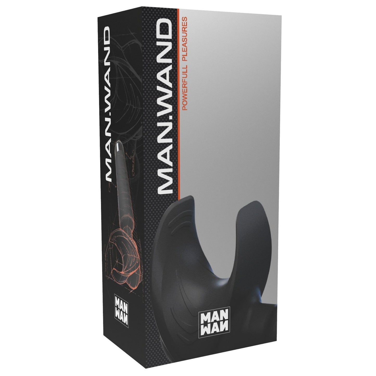 The sleek black box for Adams Toy Boxs Man Wand features its tagline Powerful Pleasures, showcasing modern design and multiple vibration modes, with a side image appealing to adults desiring a contemporary experience.