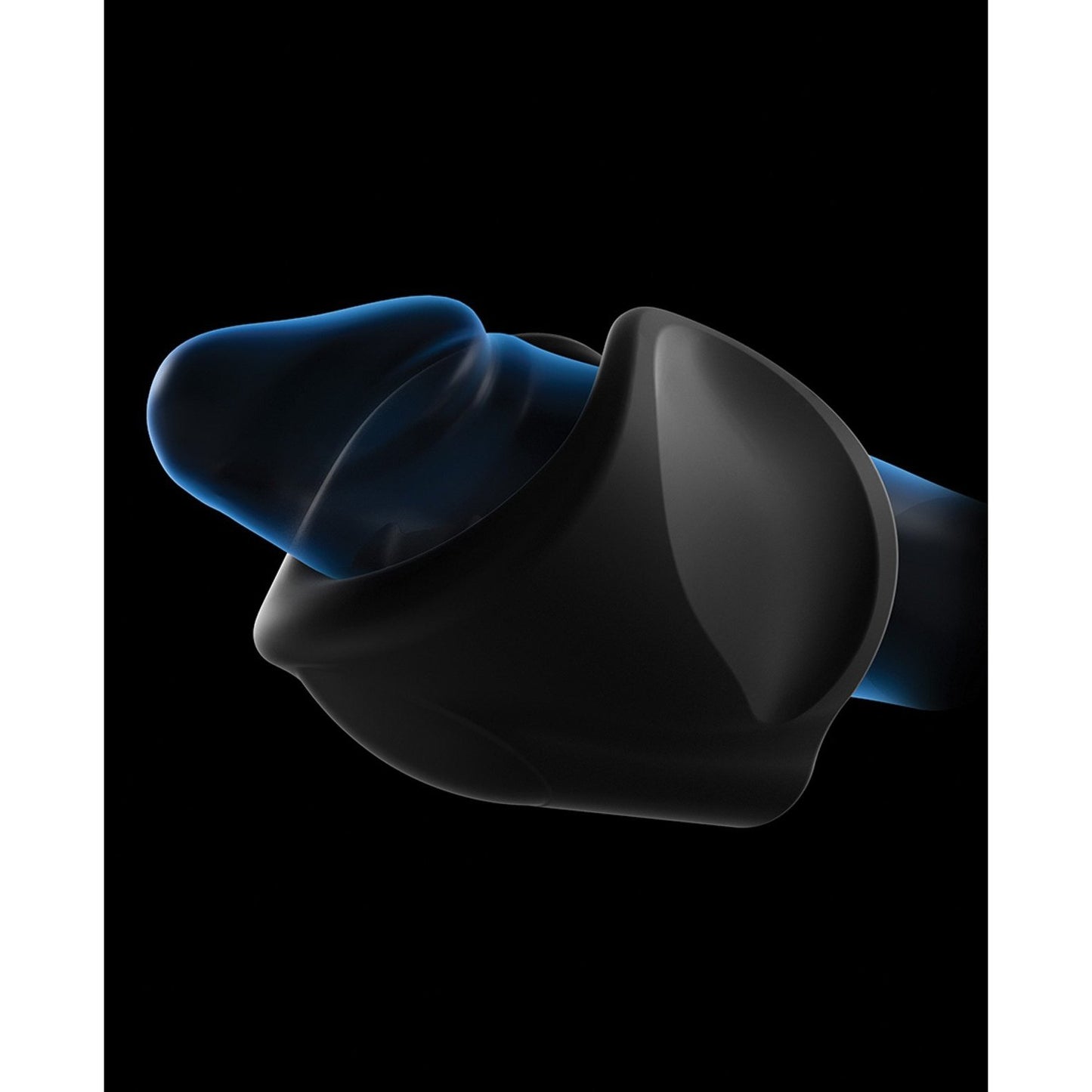 The Man Wand Starter by Adams Toy Box, a sleek black wireless earbud against a black background with a faint blue glow, showcases modern precision, similar to those offering 10 vibration modes for optimal pleasure.