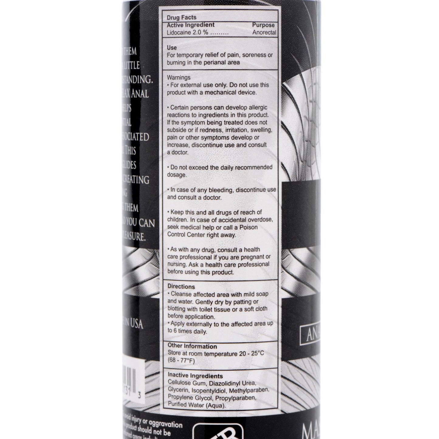 A close-up of the Master Series Ass Relax Desensitizing label on a cylindrical container shows drug facts, active ingredients, usage warnings, directions, storage details, and inactive ingredientsβall in black text on a silver background.