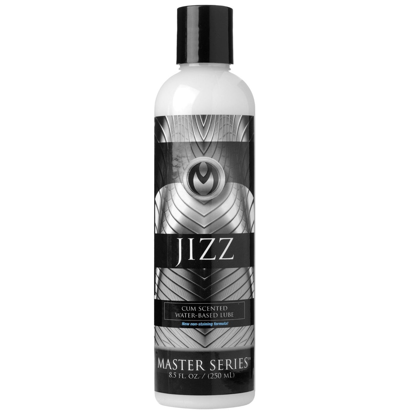 The Master Series Jizz Scented Lube by XR Brands, 8 oz., showcases a stylish black and white geometric design. It features a cum scented non-staining formula, perfect for those seeking authenticity without the mess.