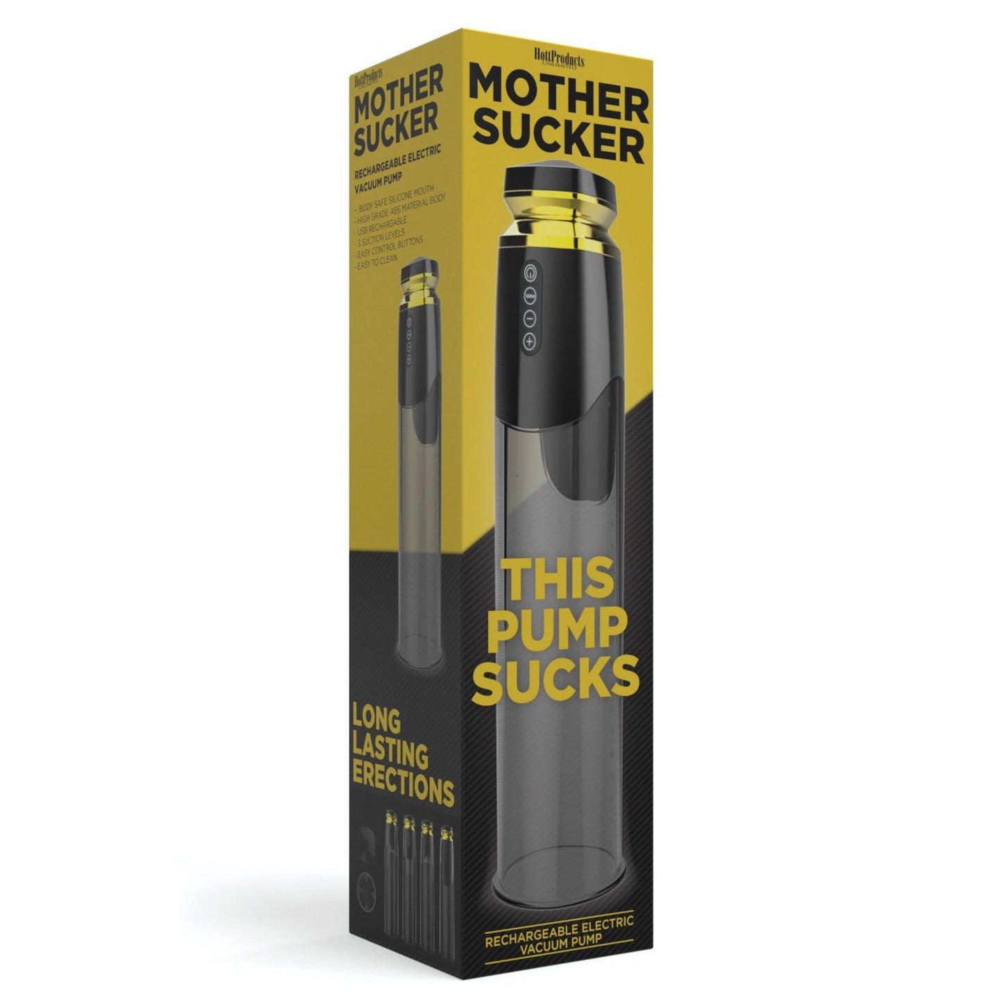 The Mother Sucker Penis Pump Rechargeable by Mother Sucker features a bold yellow and black box design with the text This Pump Sucks and Long Lasting Erections. It includes a TPE mouth and USB rechargeable feature.