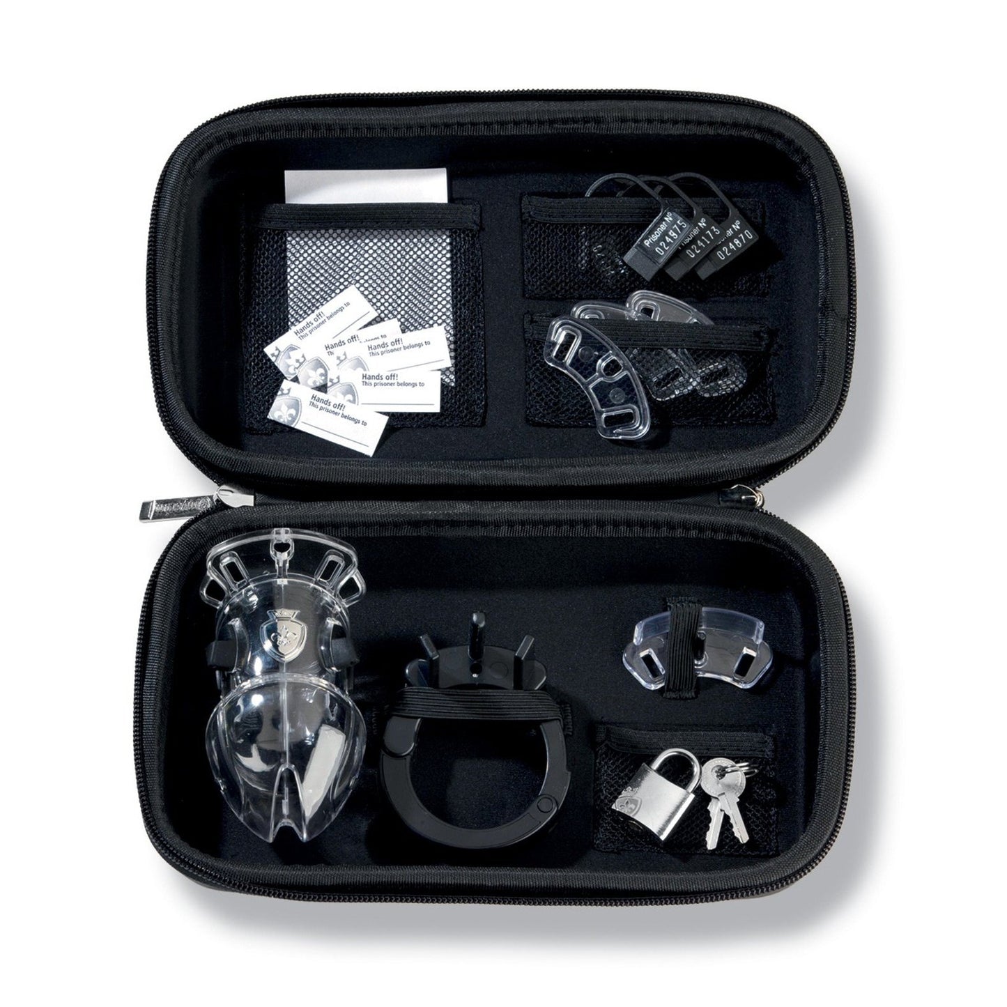 The Mystim Pubic Enemy #1 Cock Cage by Adams Toy Box comes in a black zippered case with adjustable locks, keys, transparent components, and informational tags, all neatly organized in compartments and mesh pockets.
