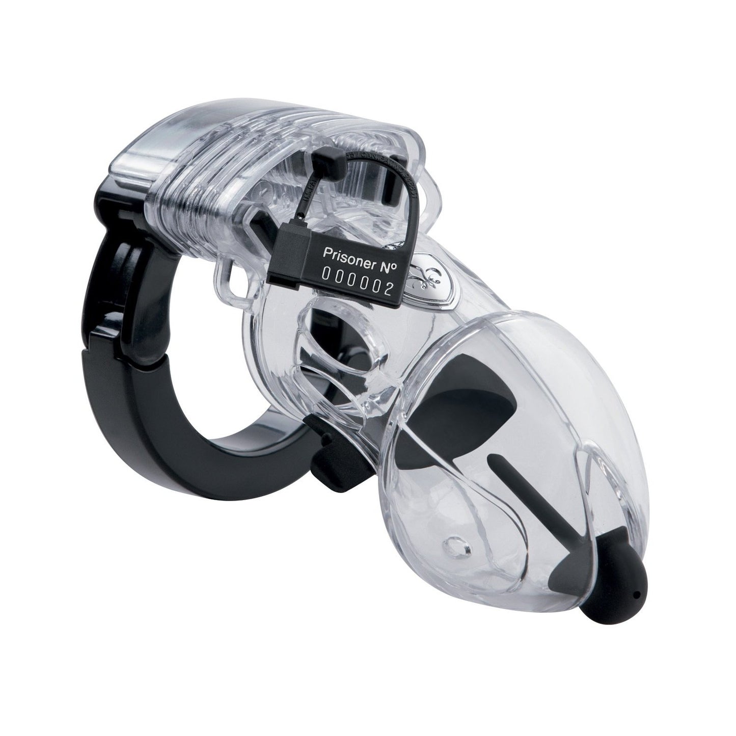 The Mystim Pubic Enemy #2 Cock Cage is a transparent plastic device with a black locking mechanism and a number tag, combining security with a sleek design.