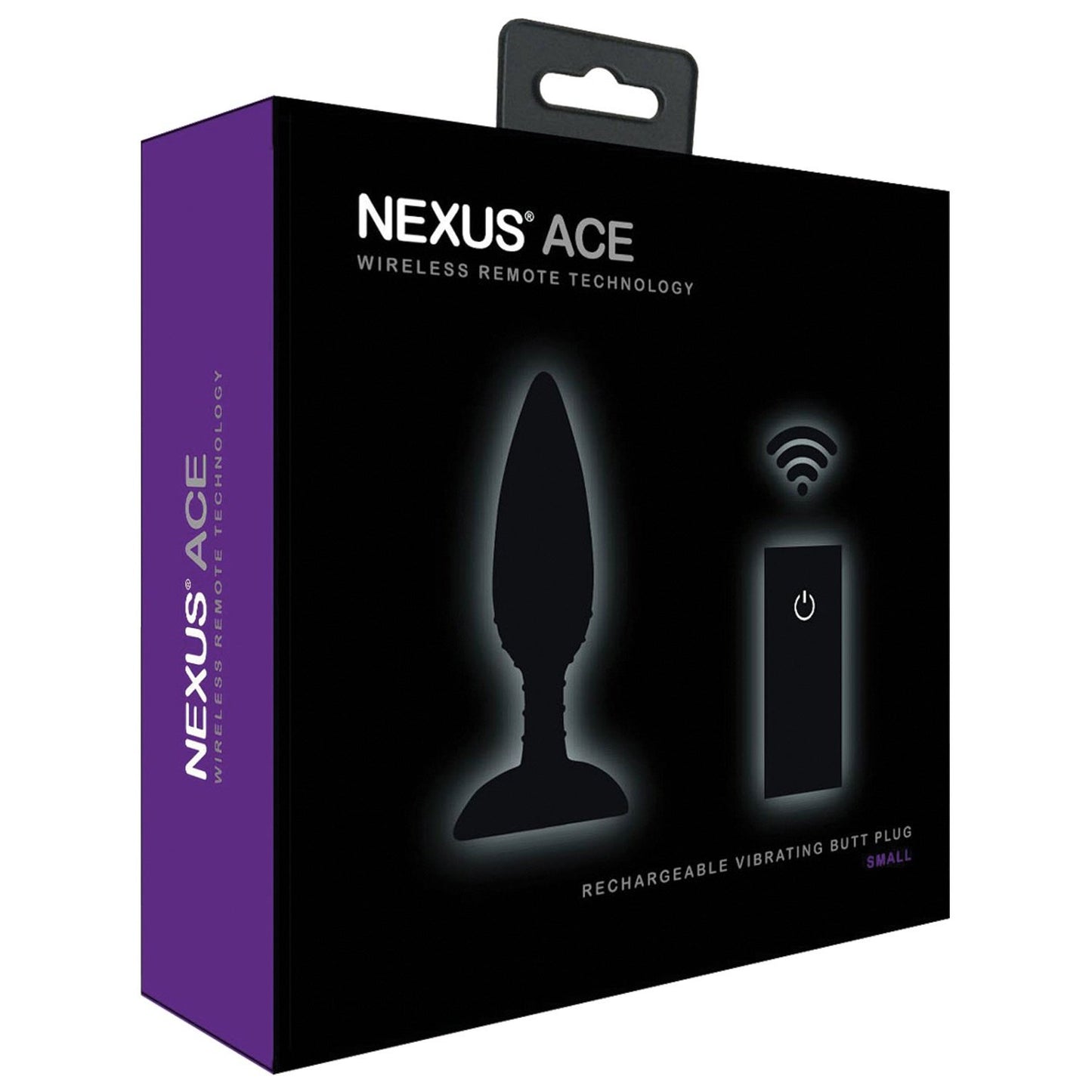 The sleek packaging of the Nexus Ace Remote Control Butt Plug Small from Nexus features a dynamic design with a vibrating butt plug and wireless remote, highlighting its waterproof silicone and rechargeable elements. One side is purple, emphasizing its modern technology.