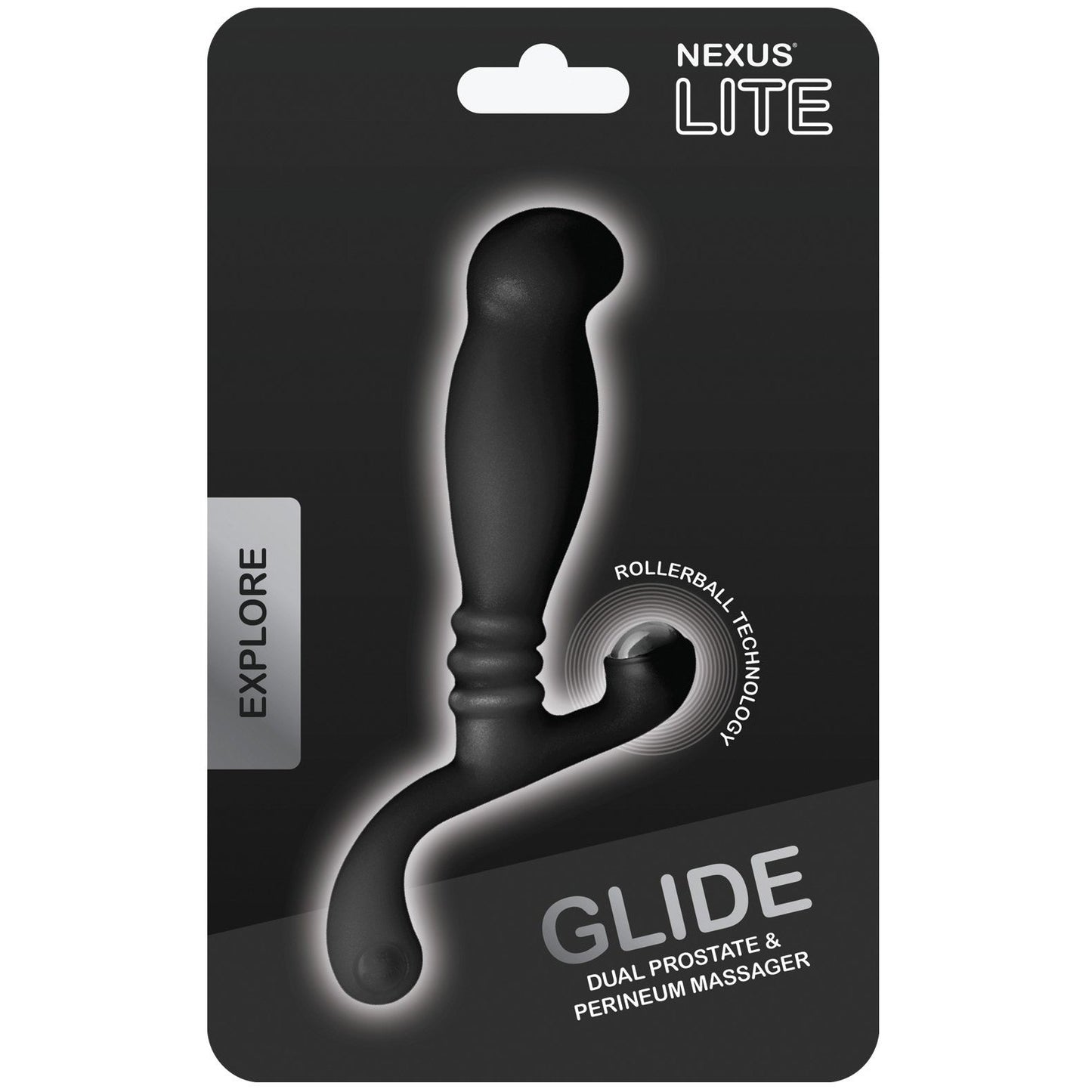 The Nexus Glide Prostate Massager features a sleek black, curved design for dual prostate and perineum stimulation. Its packaging highlights this against a dark background, with Explore on the side, showcasing its innovative rollerball technology.