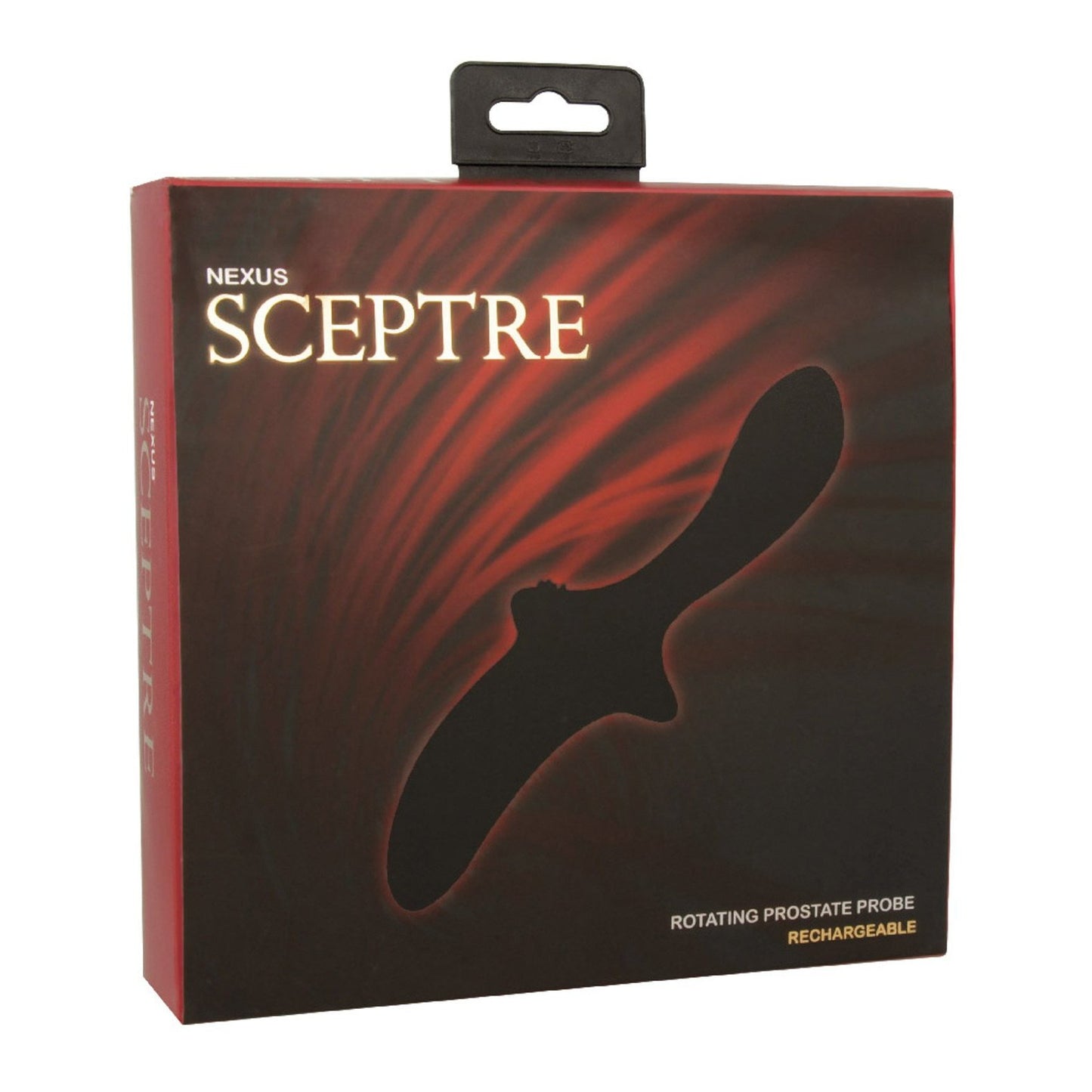 The image displays the packaging of the Nexus Sceptre Rotating Prostate Probe, a high-tech, USB rechargeable device. The black box with a red gradient accentuates the silhouette, reflecting its innovative and convenient design from Nexus.
