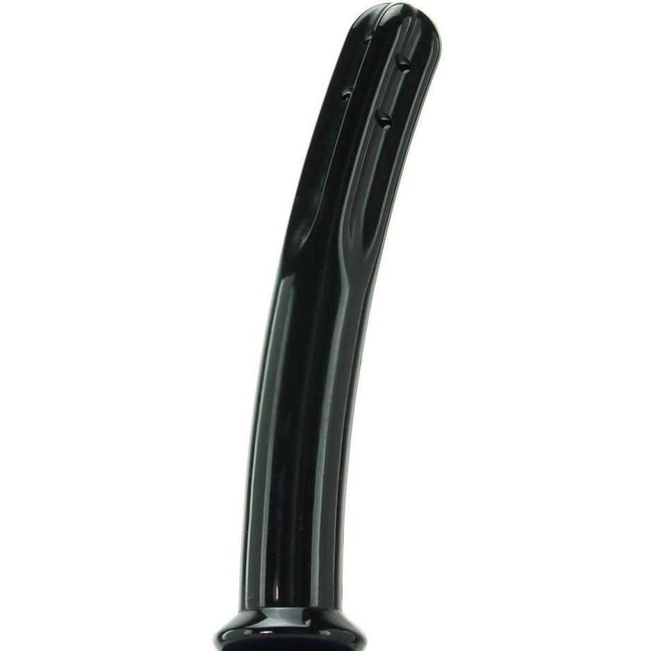 The NS Novelties Renegade Body Cleanser is a glossy black, slightly curved cylinder with grooves, two small holes near the top, and a smooth perforated nozzle. Its wider bottom resembles a handle, with a smooth reflective surface embodying its sleek design.
