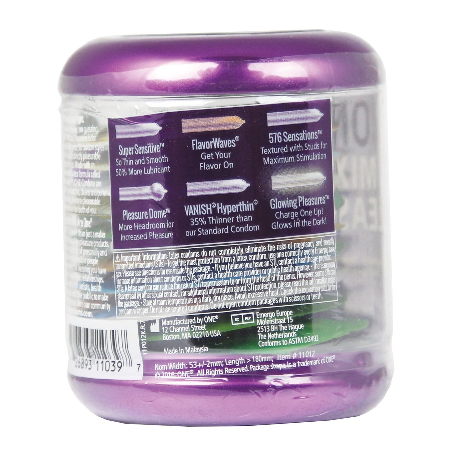 The ONE Mixed Pleasures Condoms Jar of 12, designed for a heightened experience, features Super Sensitive, FlavorWaves, and 576 Sensations. Made from premium latex, the purple jar provides lubricated condoms with product details and manufacturing information.