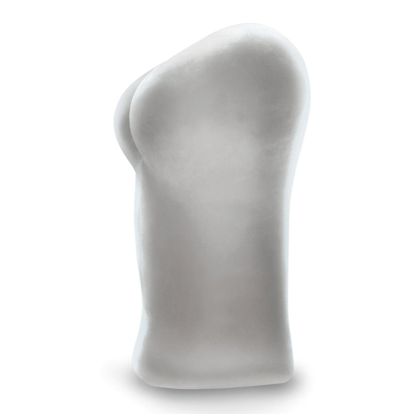 A side view of a white, curvy pillow with an ergonomic design for comfort and neck support is on display, reminiscent of the PDX Male Blow Go Mega Stroker. The pillow stands upright against a plain white background.