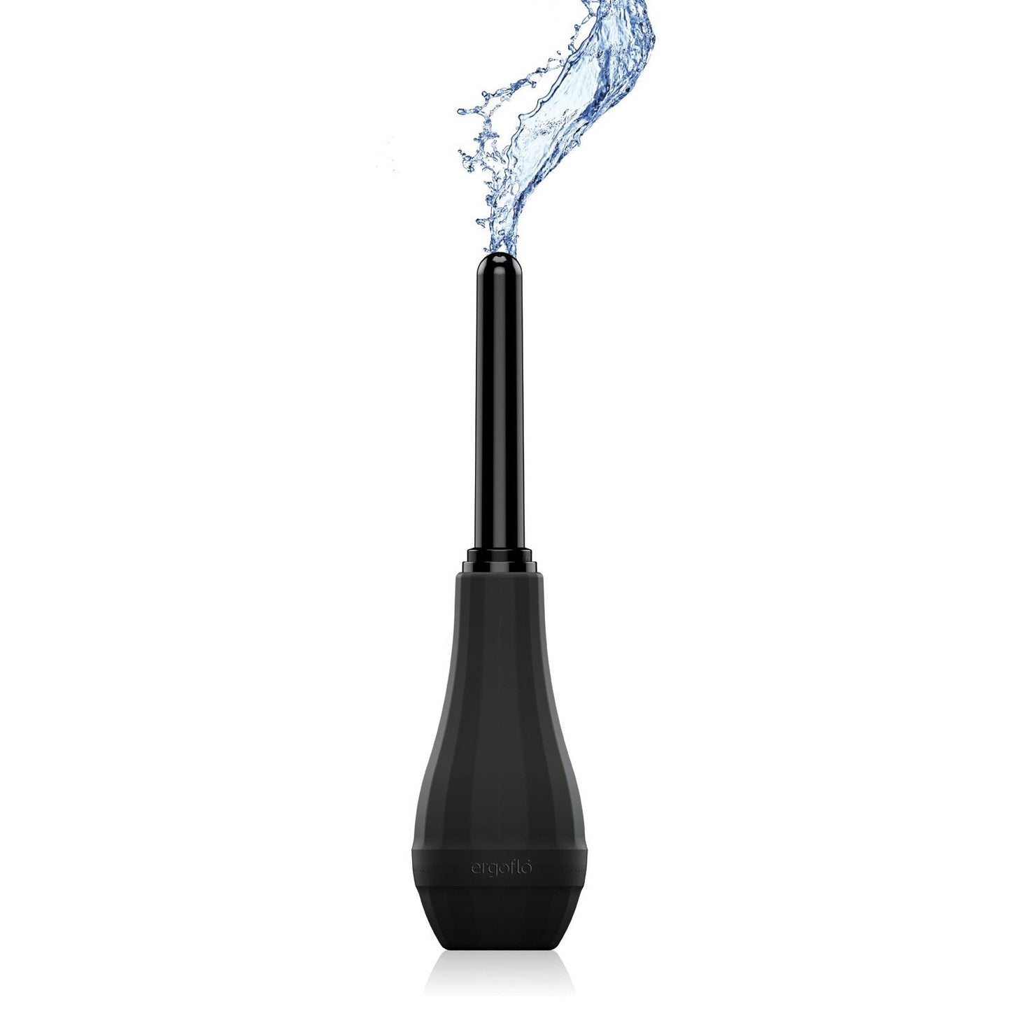 The Perfect Fit Ergoflo Extra is a sleek black personal hygiene product made from medical-grade silicone that releases a stream of water from its tip, shown on a white background.
