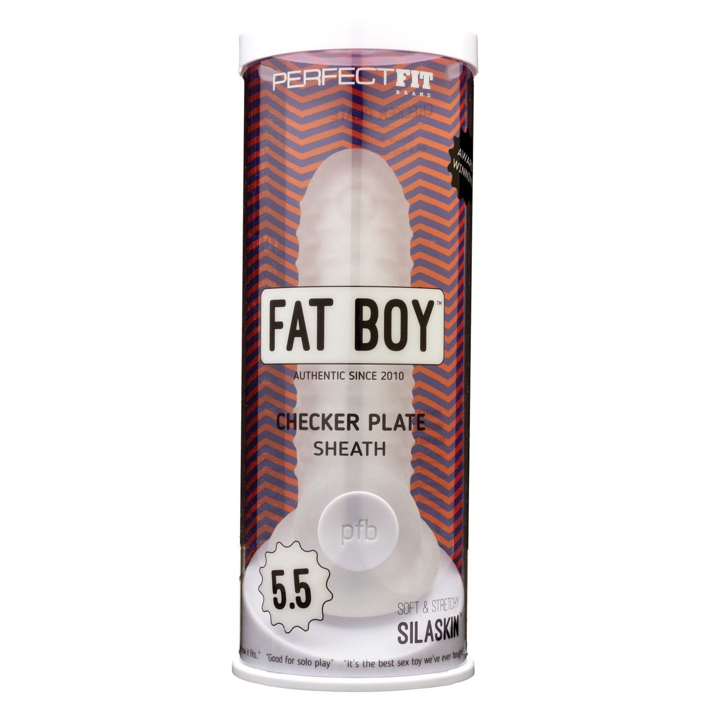 The Perfect Fit Fat Boy Checker Plate Sheath is encased in a sleek cylindrical container with vivid graphics, showcasing the 5.5 labeled SilaSkin product inside, reflecting its premium quality and design.
.