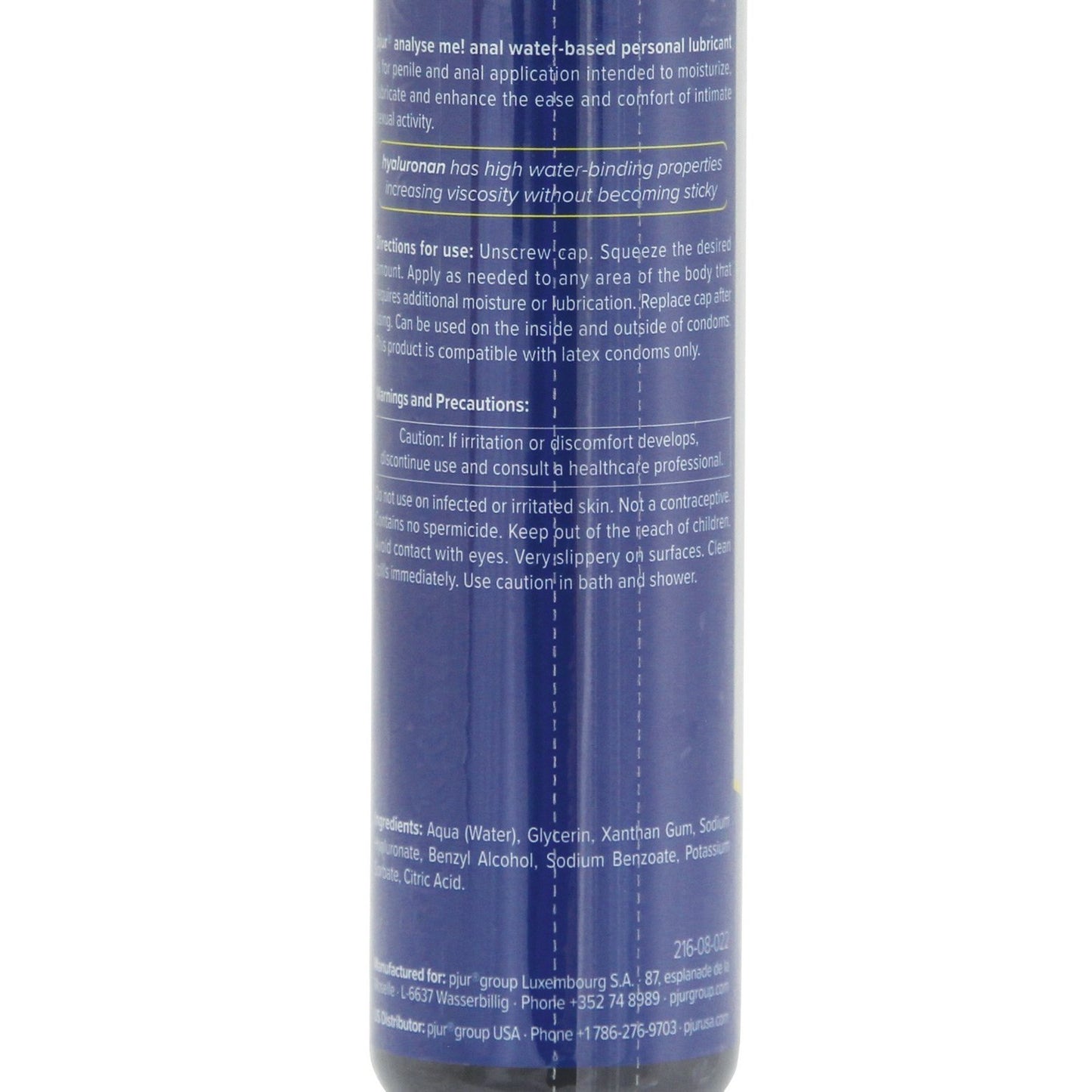 A close-up of the Pjur Analyse Me Water Based Personal Lubricant - 100ml label on a white background showcases usage instructions and warnings. The blue label with white text includes ingredients like hyaluronan for added comfort.
