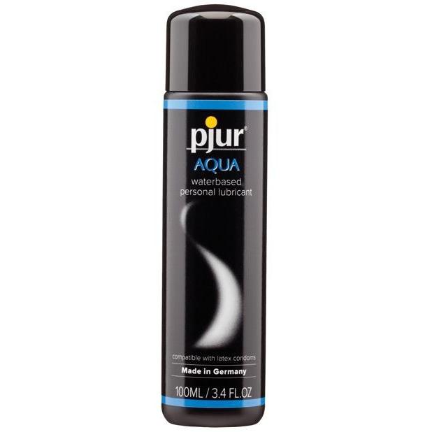 A 100ml black bottle of Pjur Aqua Personal Lubricant by Pjur, featuring blue accents, highlights its non-allergenic, medical-grade ingredients. Made in Germany, it is compatible with latex condoms.