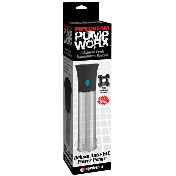 The image shows the Adams Toy Box Pump Worx Deluxe Auto Vac Penis Pump packaging, an advanced enlargement system for lasting erections. The box displays product images, emphasizes its efficient motor, and highlights an included free detailer.